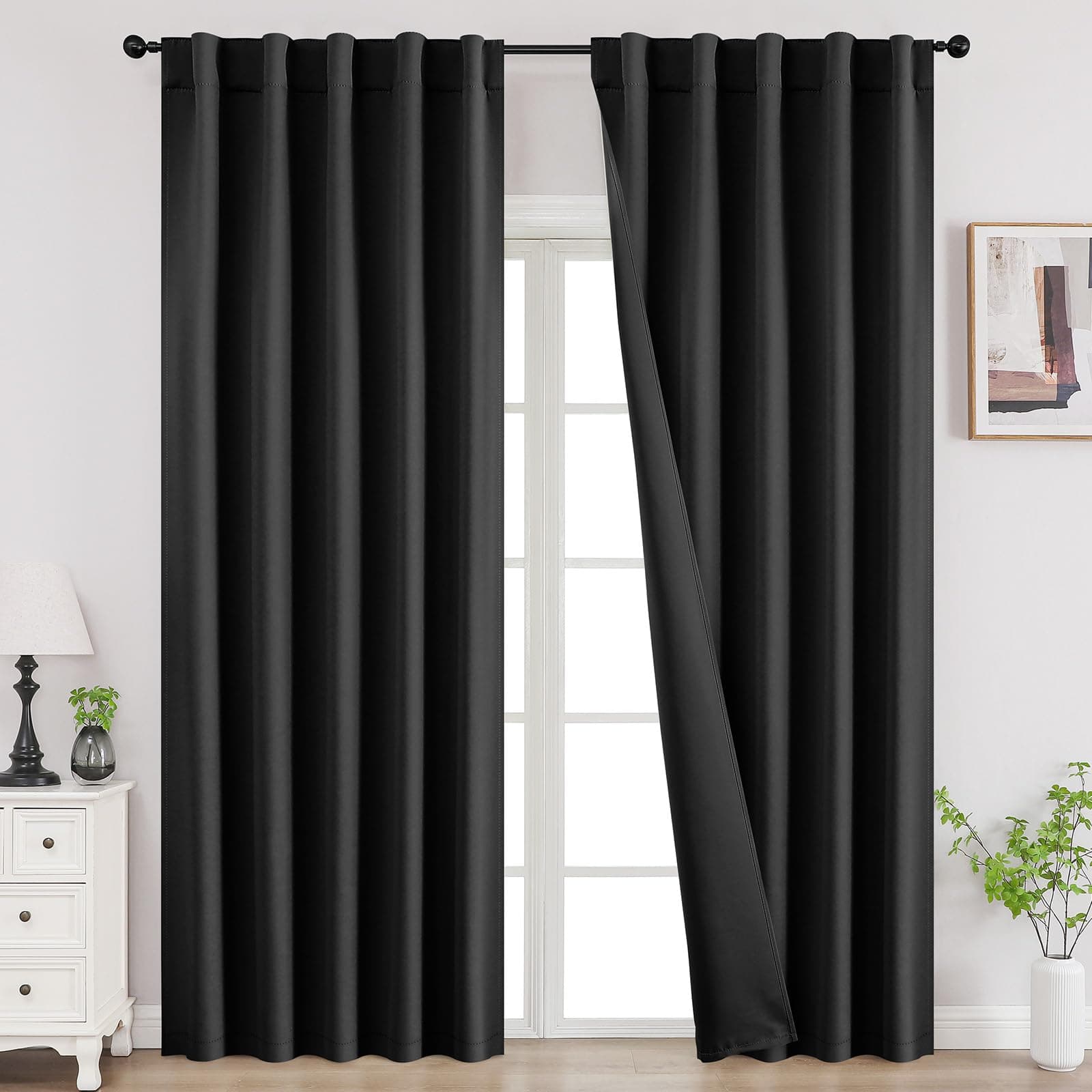 Joydeco Yatak Odası için 225 cm Perdeler, Karartma Perdeleri 225 cm Uzunluğunda, Oda Karartma Perdeleri ve Oturma Odası Pencere Çubuğu Cep Arka Sekmesi (G132 x U 227 cm, Siyah)