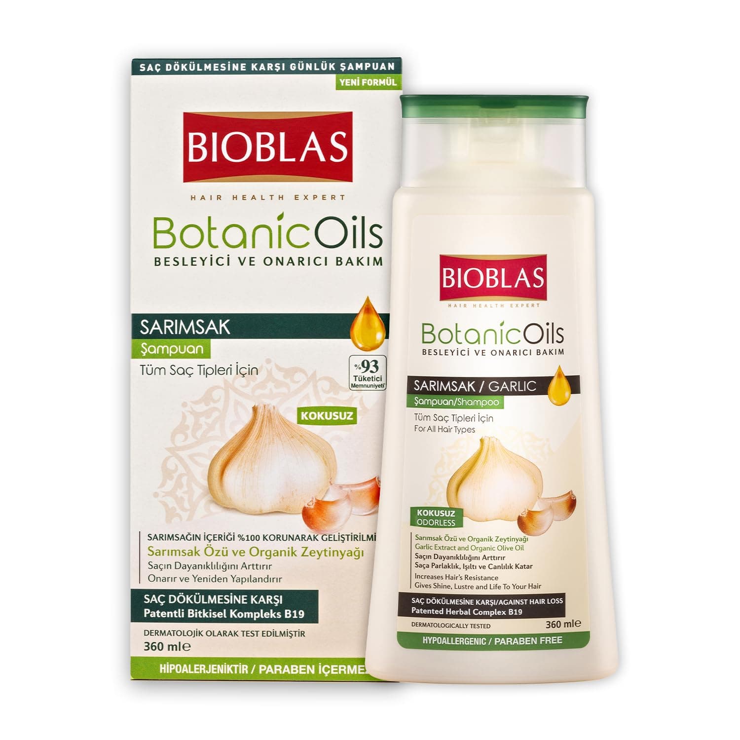 Bioblas Sarımsak Özlü Saç Dökülmesine Karşı Bitkisel Şampuan – Organik Zeytinyağlı, Kompleks B19, Güçlendirici & Onarıcı Etki, 360 ml
