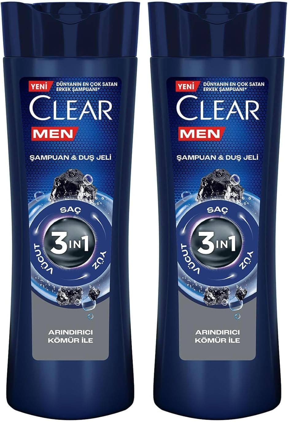 Clear Men 3 in 1 Şampuan & Duş Jeli Arındırıcı Kömür Saç Yüz Vücut İçin (2 paketi)