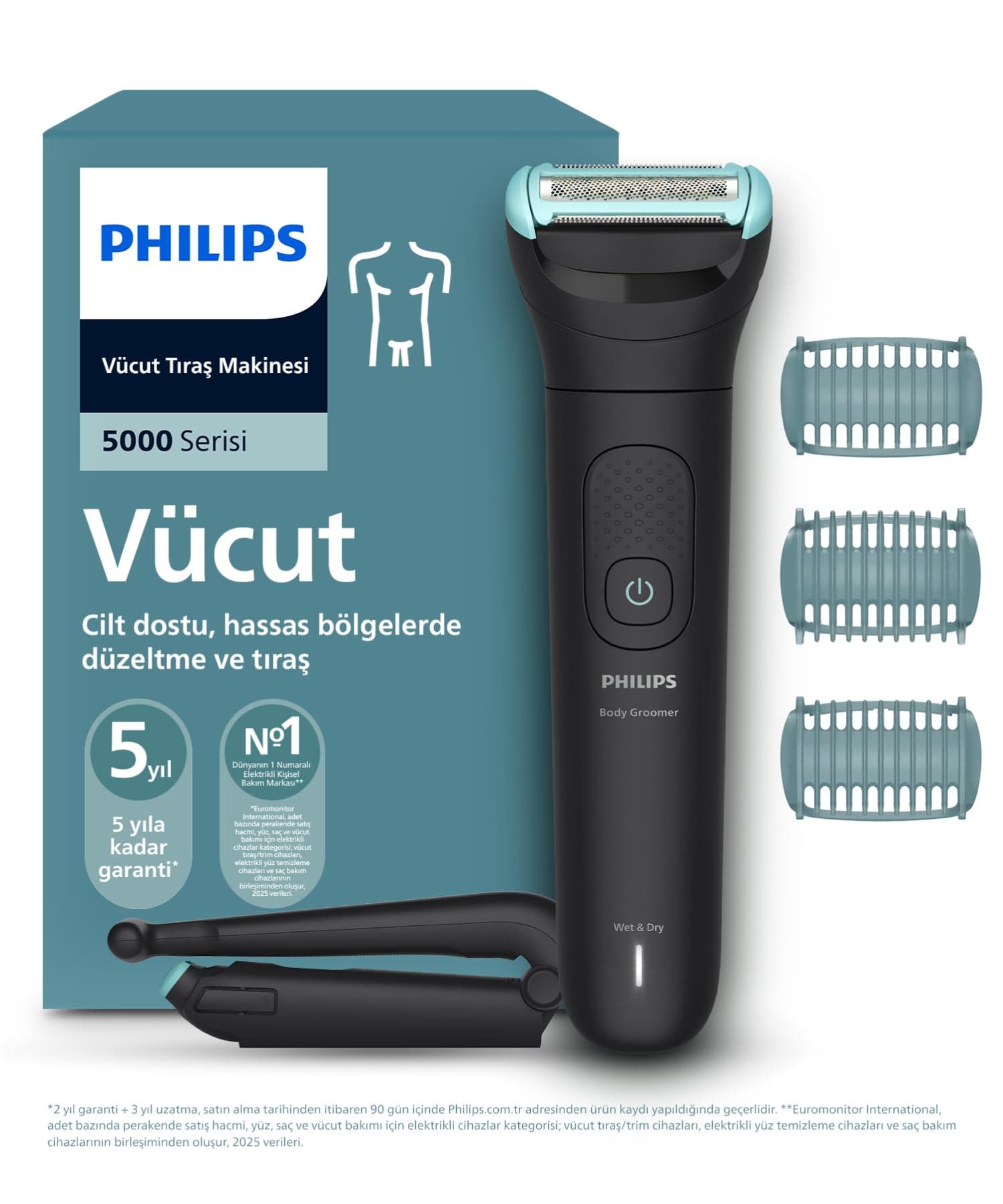 Philips 5000 Vücut Tıraş Makinesi, 3'lü Cilt Koruma Sistemi, Islak&Kuru, Sırt Başlığı, BG5475/15