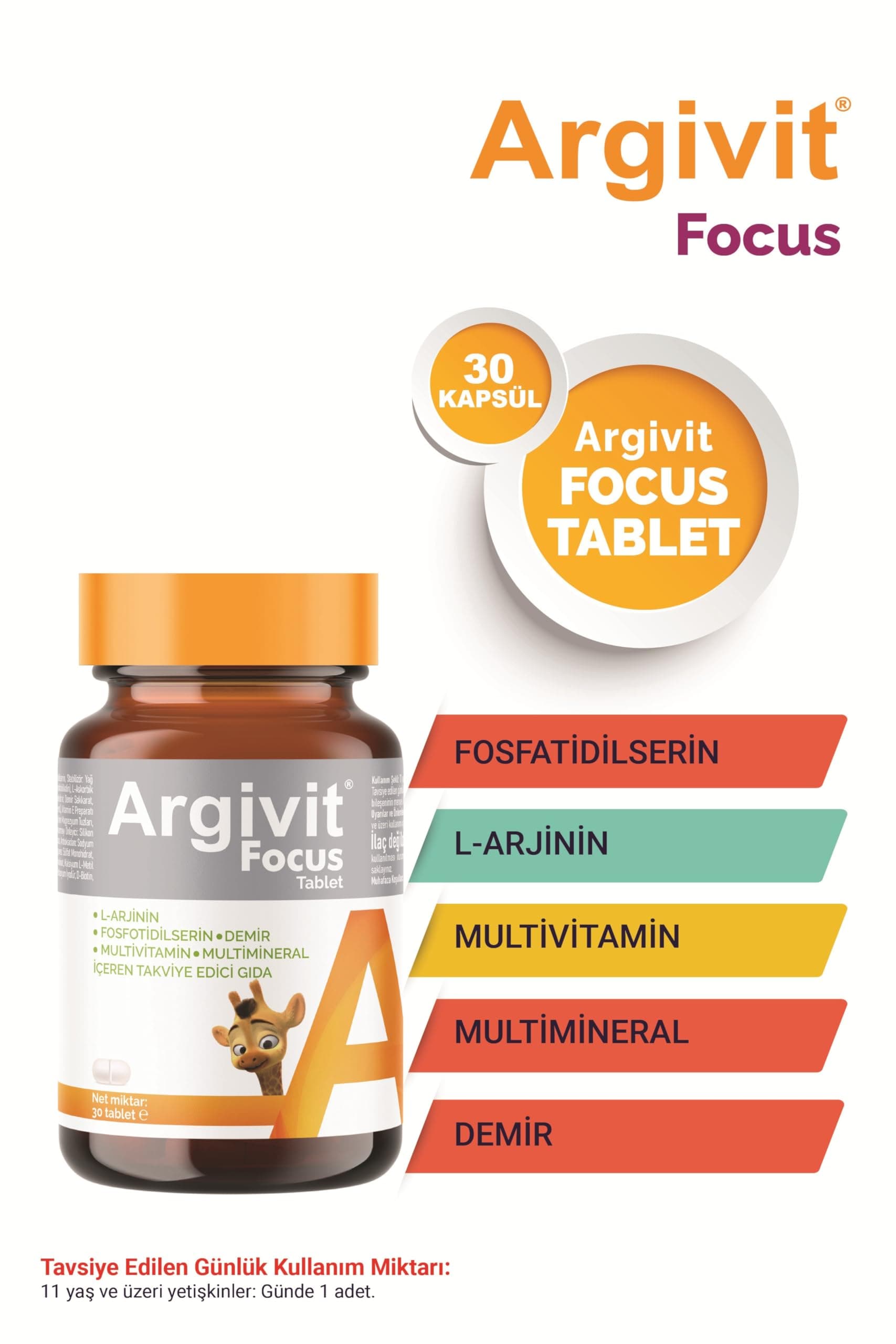 Argivit Focus LArjinin, Fosfotidilserin, Demir, Multivitamin ve Multimineral İçeren Tablet 30 Tablet
