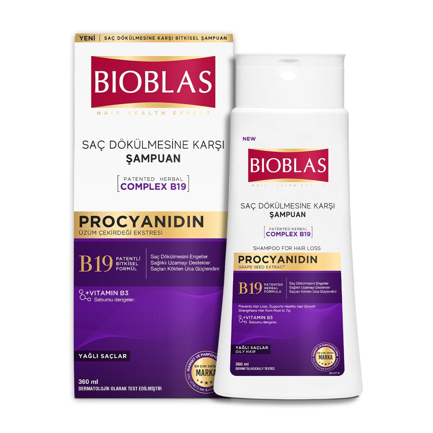 Bioblas Procyanidin Şampuan – Saç Dökülmesine Karşı, Üzüm Çekirdeği Ekstraktlı, Bitkisel Kompleks B19, Yağ Dengeleyici, 360 ml