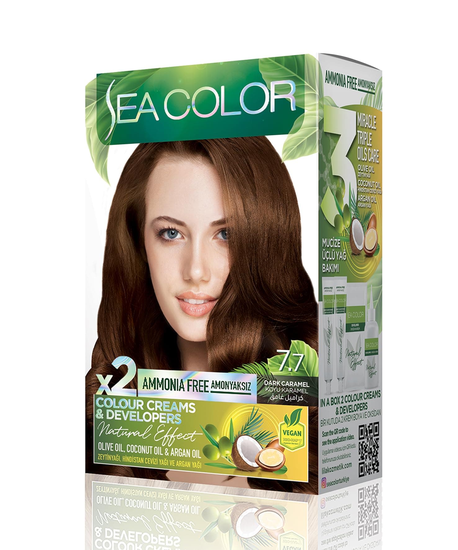 SEA COLOR Amonyaksız, Vegan, Doğal, Besleyici Kalıcı Saç Boyası%100 Beyaz Kapama (1 PAKET 2 x 50 ml Boya & OKSİDAN) (Koyu Karamel 7.7)