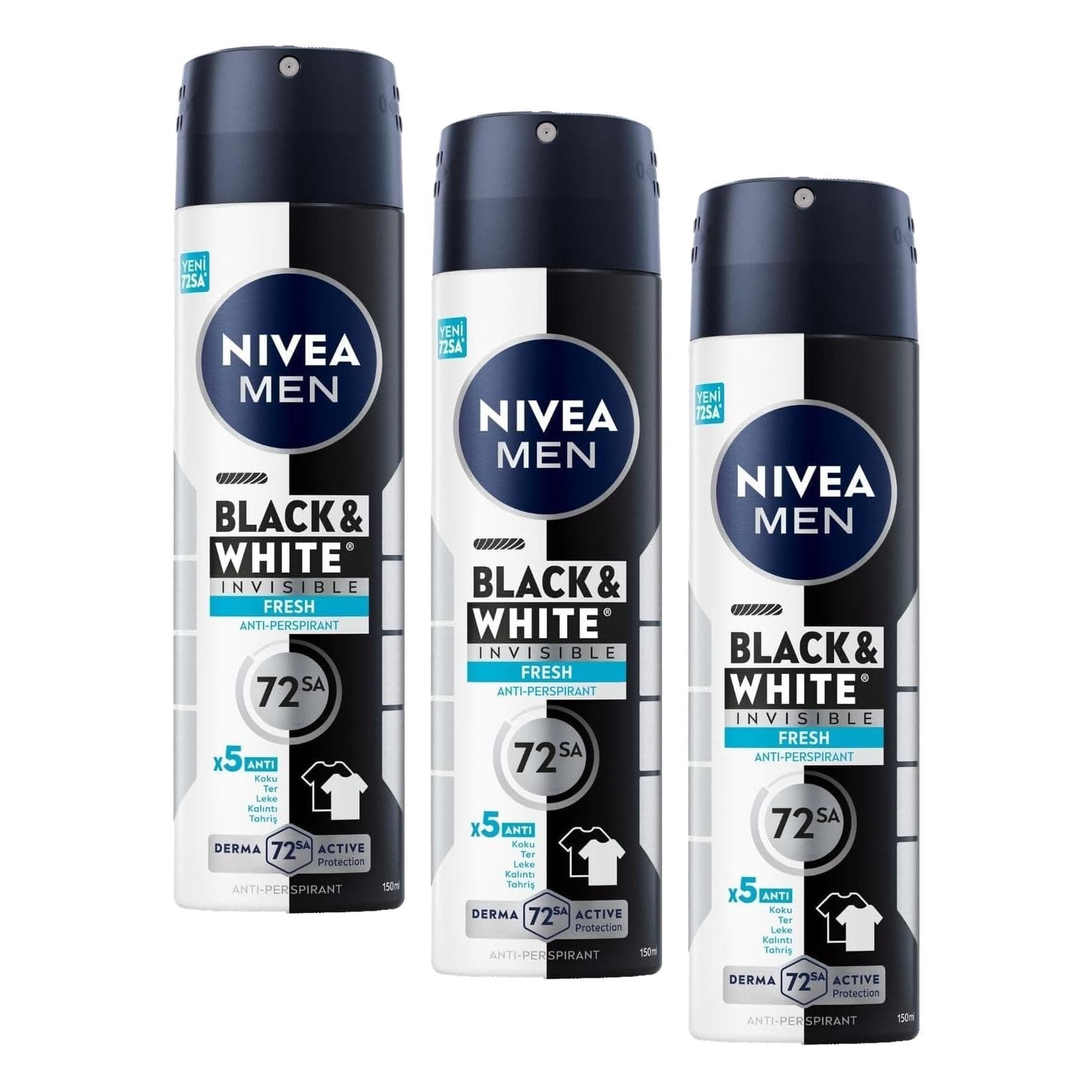 NIVEA MEN Erkek Sprey Deodorant Deodorant Black&White Invisible Fresh 150 ml,72 Saat Anti-Perspirant Ter ve Ter Kokusuna Karşı Koruma,Kıyafetlerde Leke Bırakmaz,Etil Alkol İçermez (3 paketi)