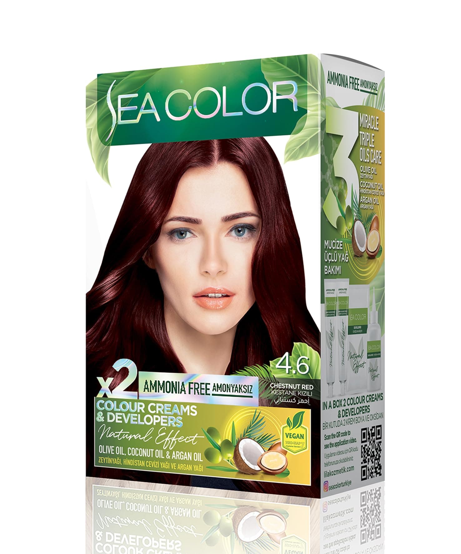 SEA COLOR Amonyaksız, Vegan, Doğal, Besleyici Kalıcı Saç Boyası%100 Beyaz Kapama (1 PAKET 2 x 50 ml Boya & OKSİDAN) (Kestane Kızılı 4.6)