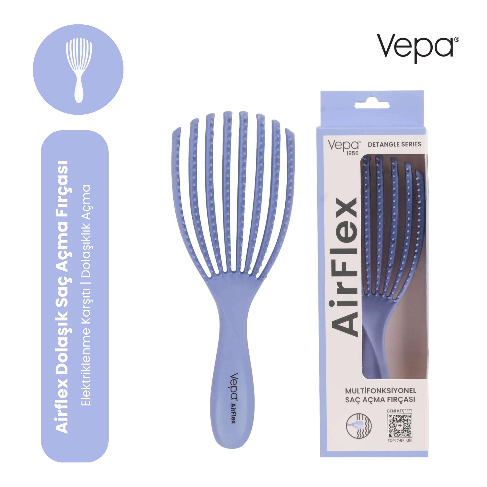 Vepa Airflex Dolaşık Saç Açma Fırçası, Kolay Tarama, Elektriklenme Önleyici Tarak (LİLA)