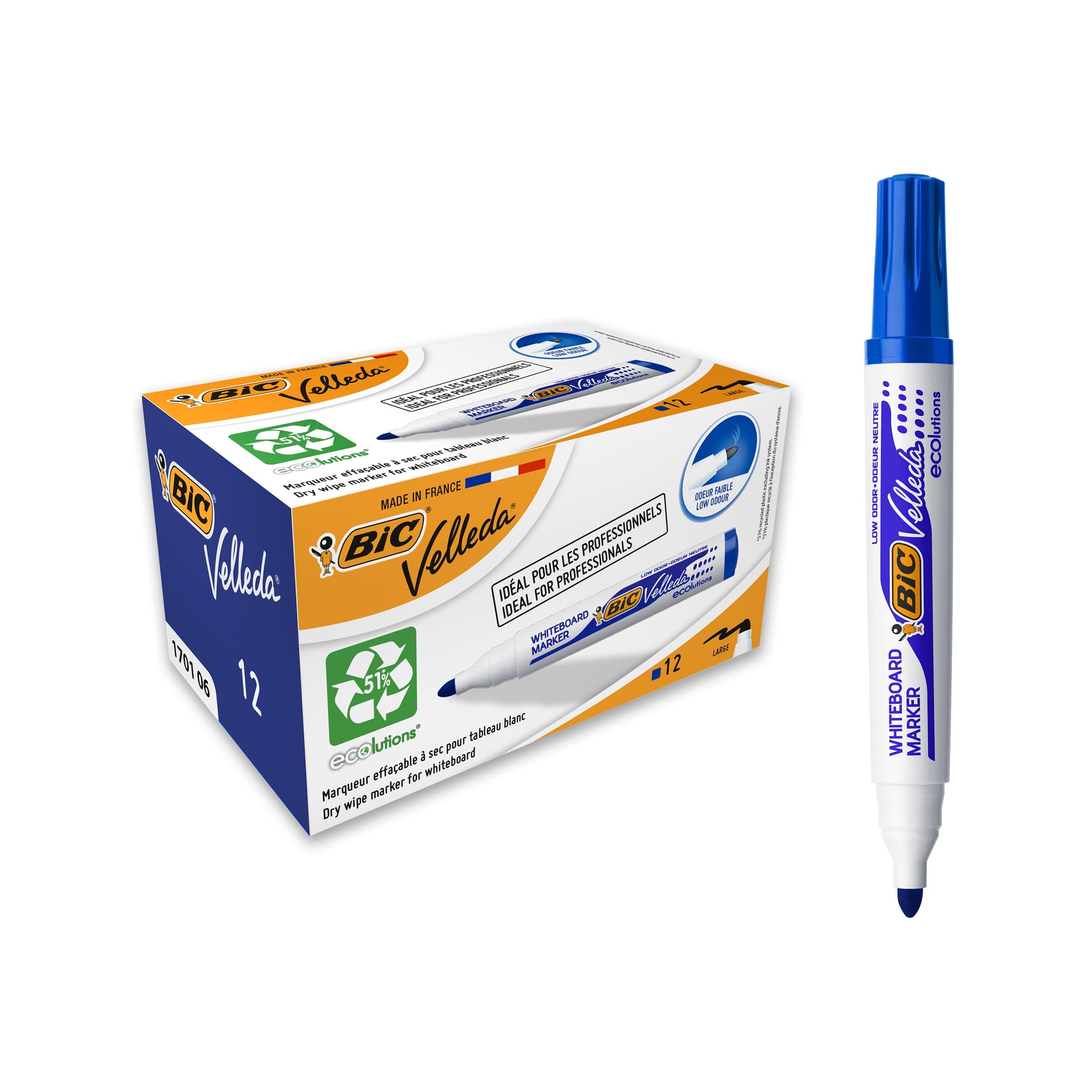BIC Velleda 1701 Eco Yuvarlak Uçlu Beyaz Tahta Kalemi, Mavi, 12'li Kutu, Kolay Silinebilen Mürekkep, Sabit Yuvarlak Uç