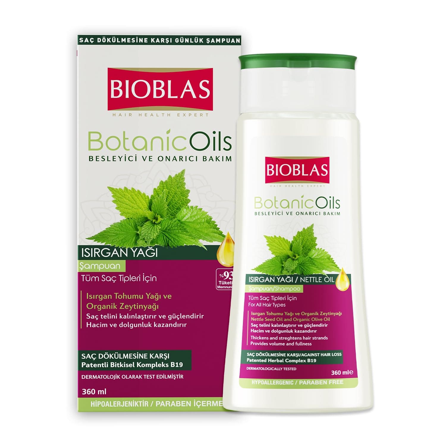Bioblas Saç Dökülmesine Karşı Bitkisel Şampuan – Isırgan Tohumu Yağı & Zeytinyağı İçerikli, Dolgunlaştırıcı Etki, Kompleks B19, 360 ml