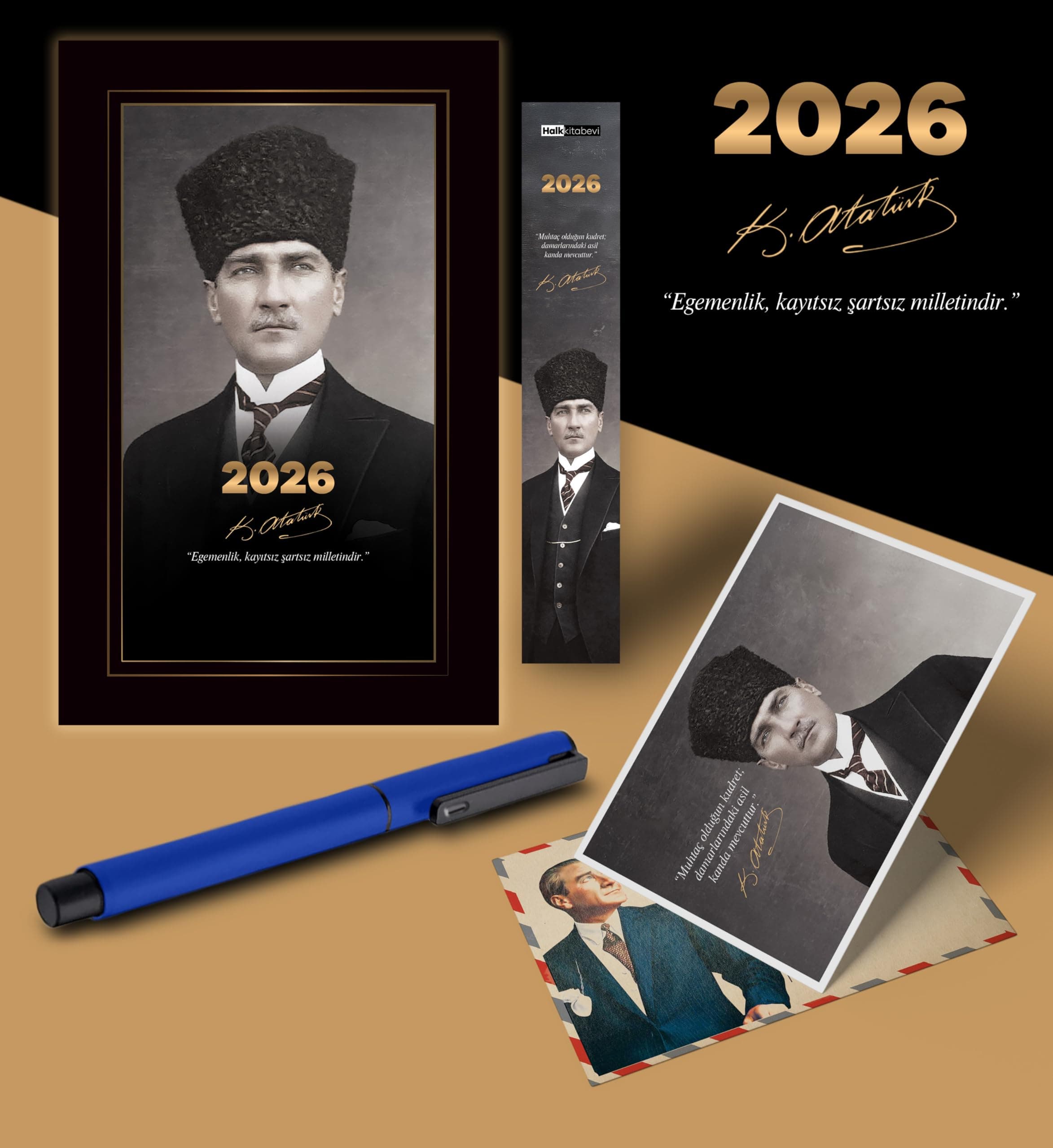 2026 Kalpaklı Atatürk Ajandası Ayraç Kartpostal Kalem - Lacivert