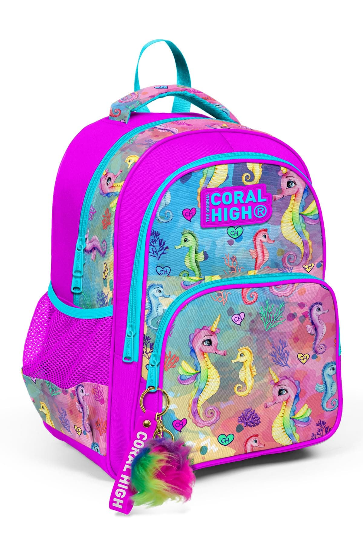 Kids Pembe Rengarenk Denizatı Desenli Üç Bölmeli Okul Sırt Çantası 14412