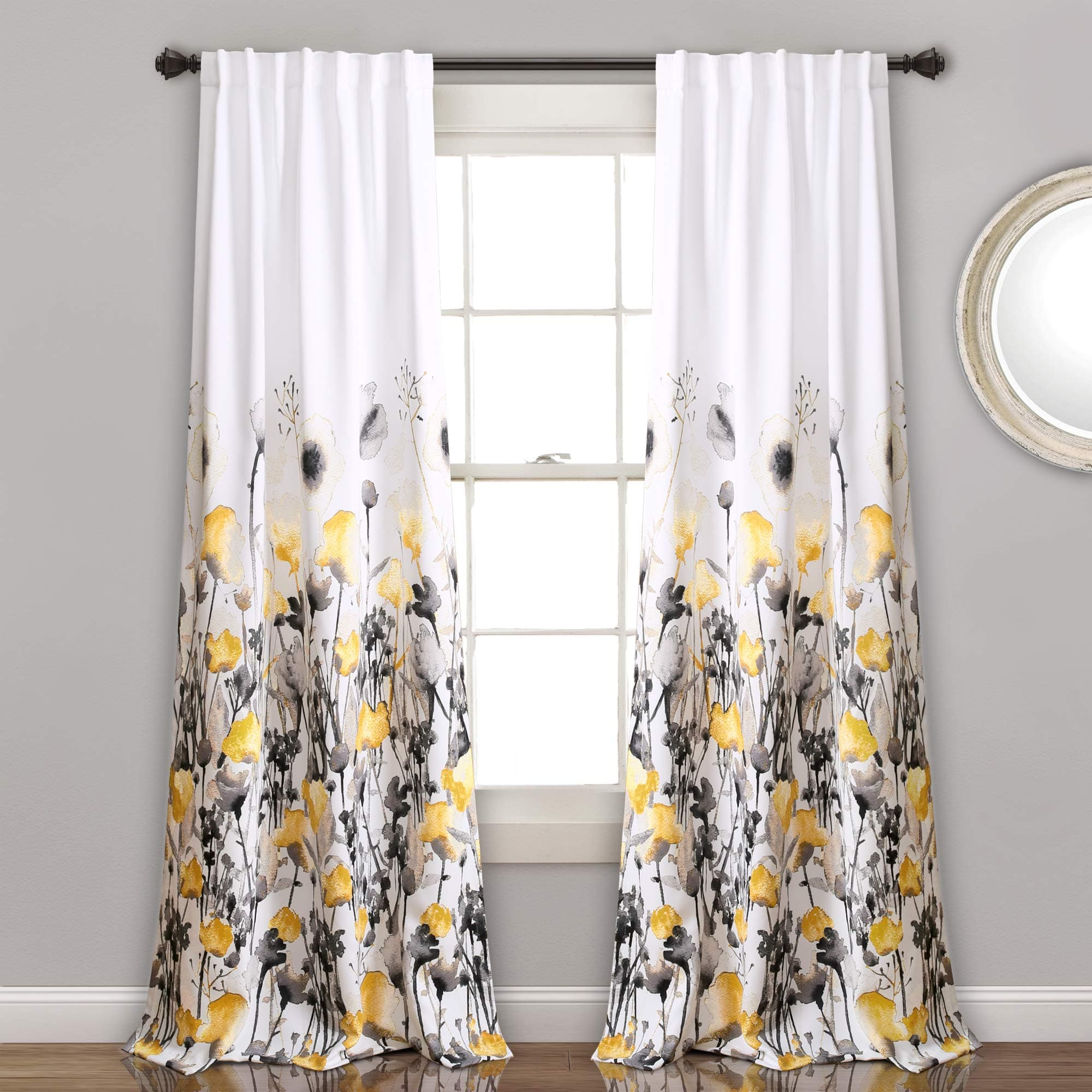 Lush Decor, Zuri Flora oda karartma perdeleri, oturma odası, yemek odası, yatak odası, 213,4 x 132 cm, sarı ve gri