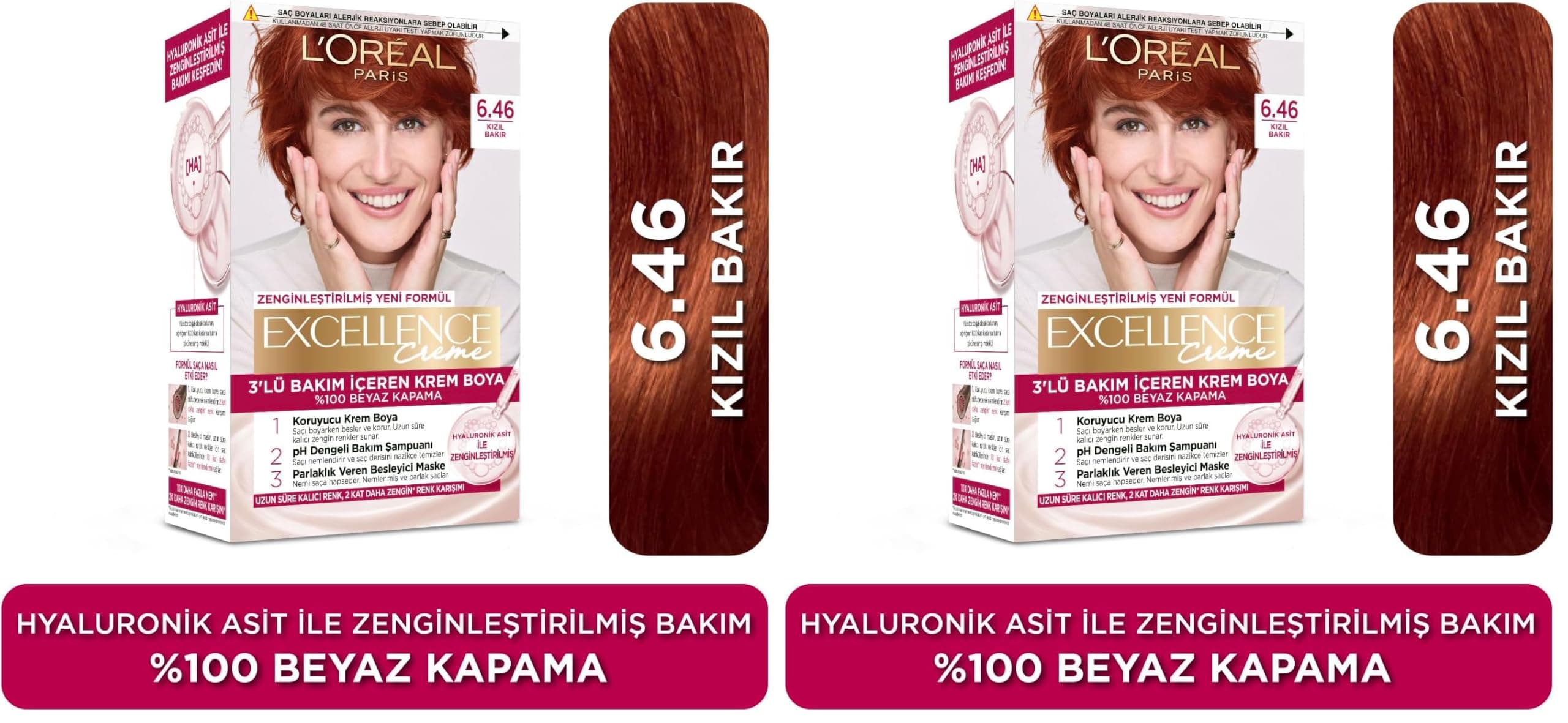 L'ORÉAL PARIS Excellence Creme Saç Boyası 6.46 Kızıl Bakır (2 paketi)