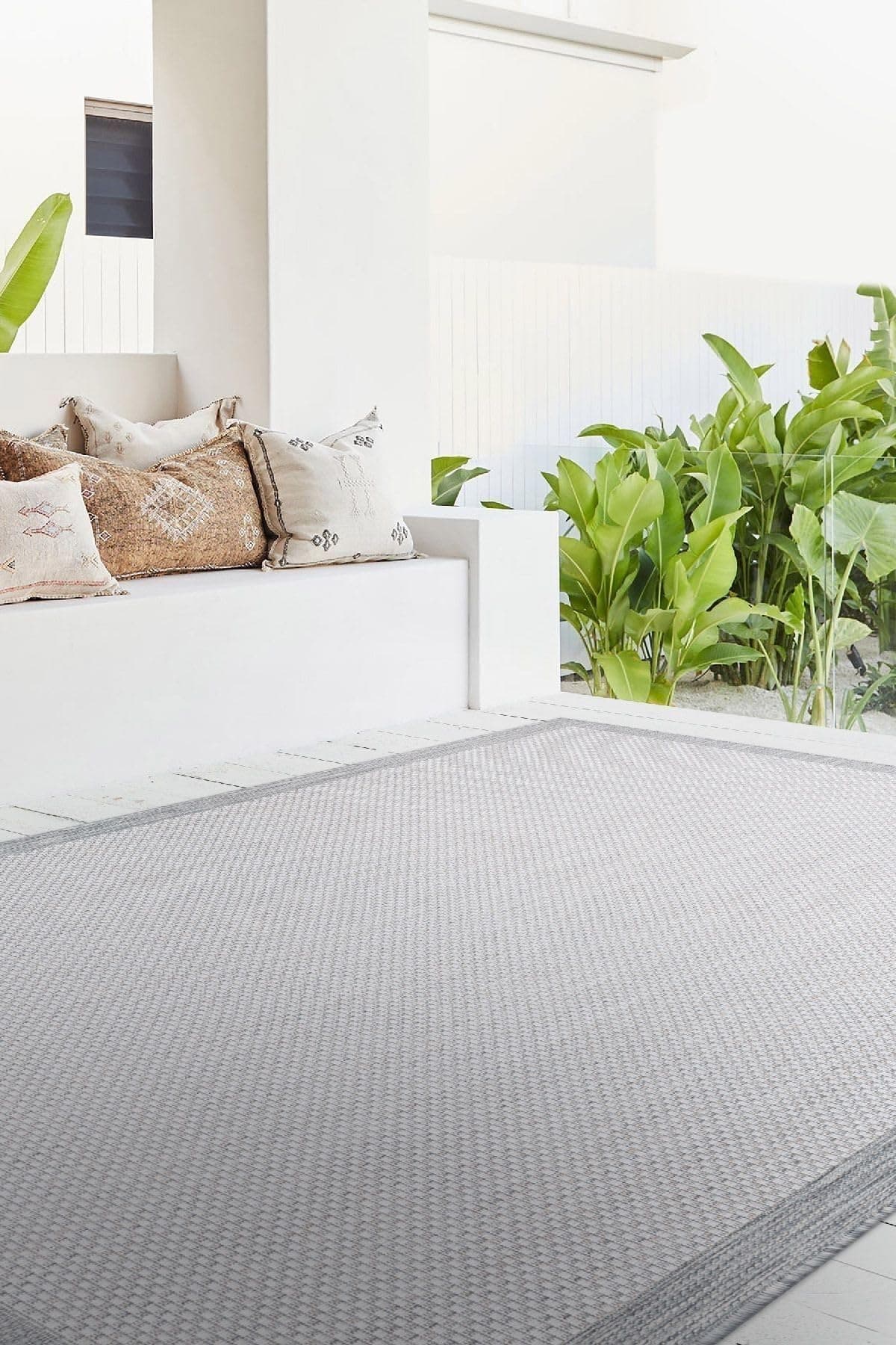 Koza Halı Fresco Antrasit Ekru Iskandinav Yıkanabilir Bordürlü Halı Kilim Balkon Teras Koridor Halısı 23745a, 50 x 80