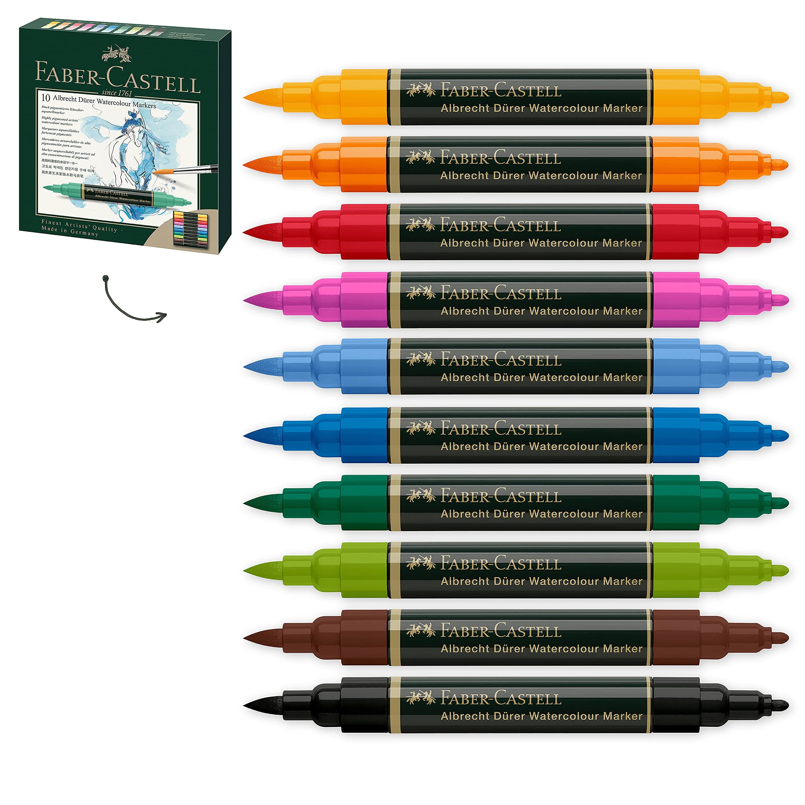 Faber-Castell Albrecht Dürer Suluboya Markör Seti, 10’lu, Çift Uçlu, Suda Çözünebilir Mürekkep, Parlak ve Kalıcı Renkler