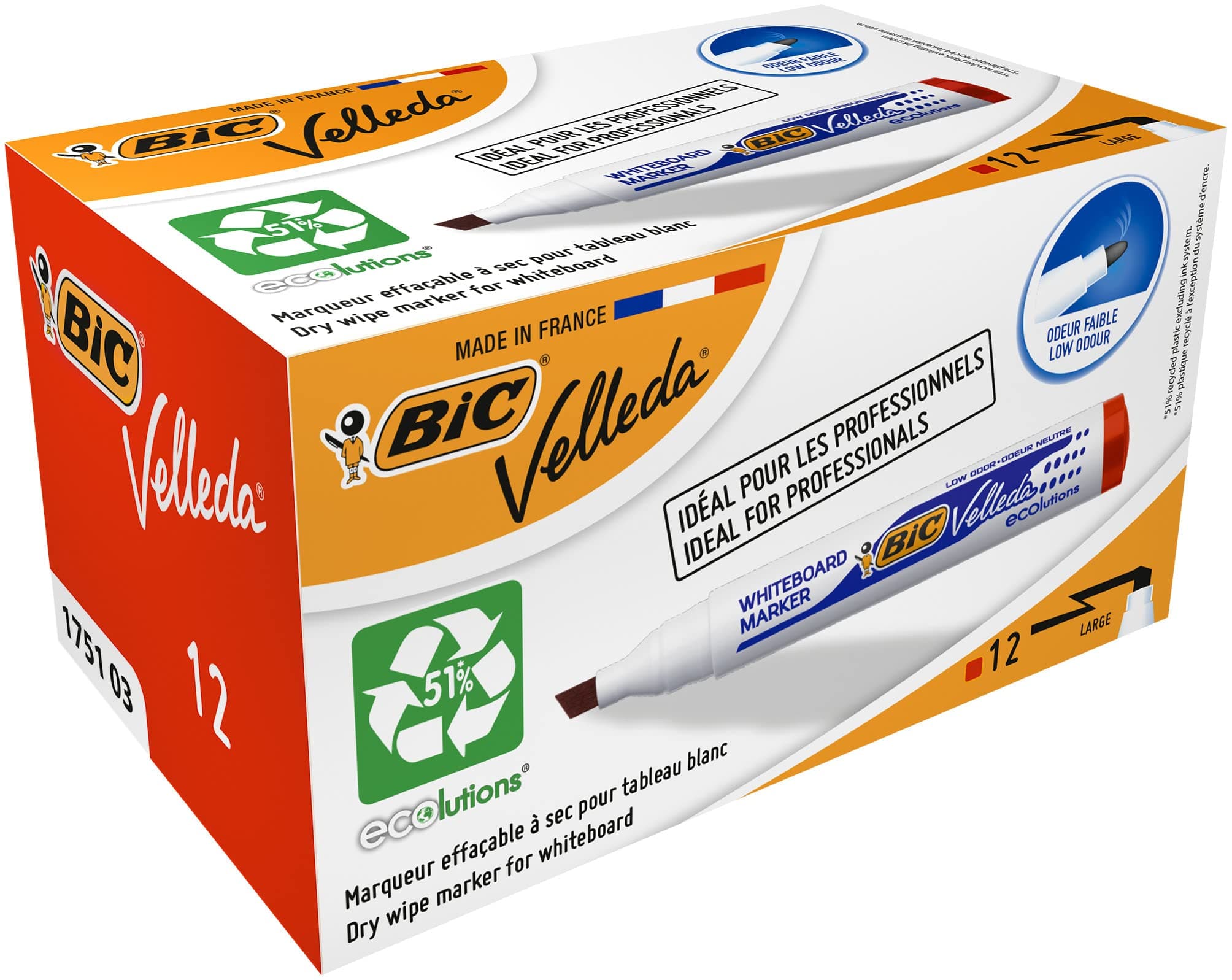 BIC Velleda 1751 Eco Kesik Uçlu Beyaz Tahta Kalemi, Kırmızı, 12'li Kutu, 3,7 mm ile 5,5 mm Kalın Uç,Kuru Silinebilir Mürekkep