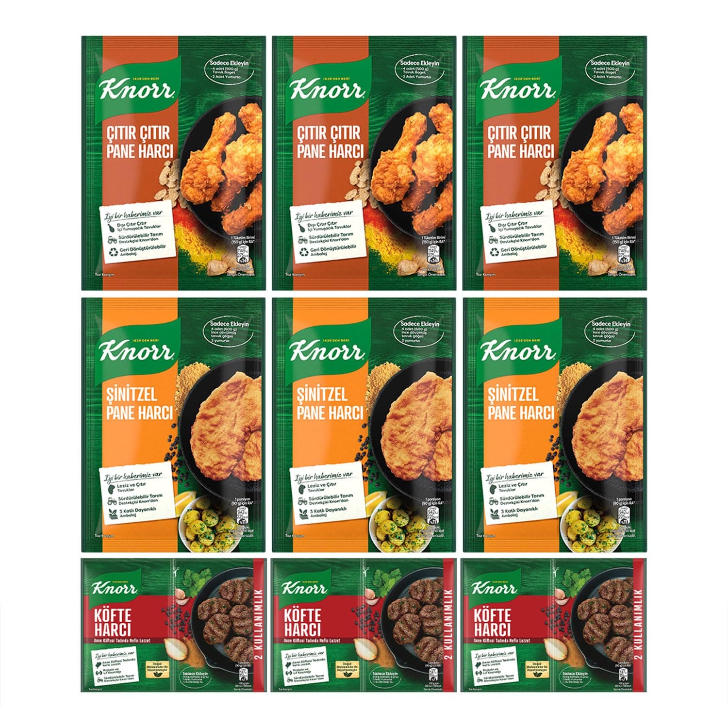 Knorr Harç Paketi Pane Harcı 90g x3 + Köfte Harcı 82g x3 + Çıtır Pane Harcı 90g x3