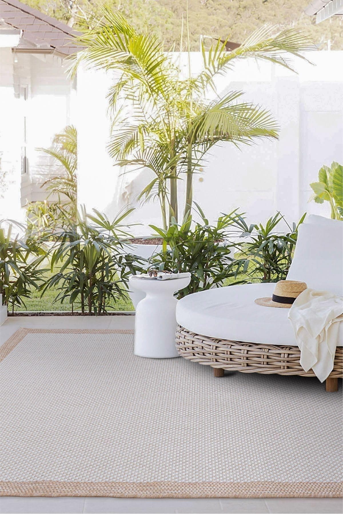 Koza Halı Fresco Ekru Natural Iskandinav Yıkanabilir Bordürlü Halı Kilim Balkon Teras Koridor Halısı 23745a, 160 x 230
