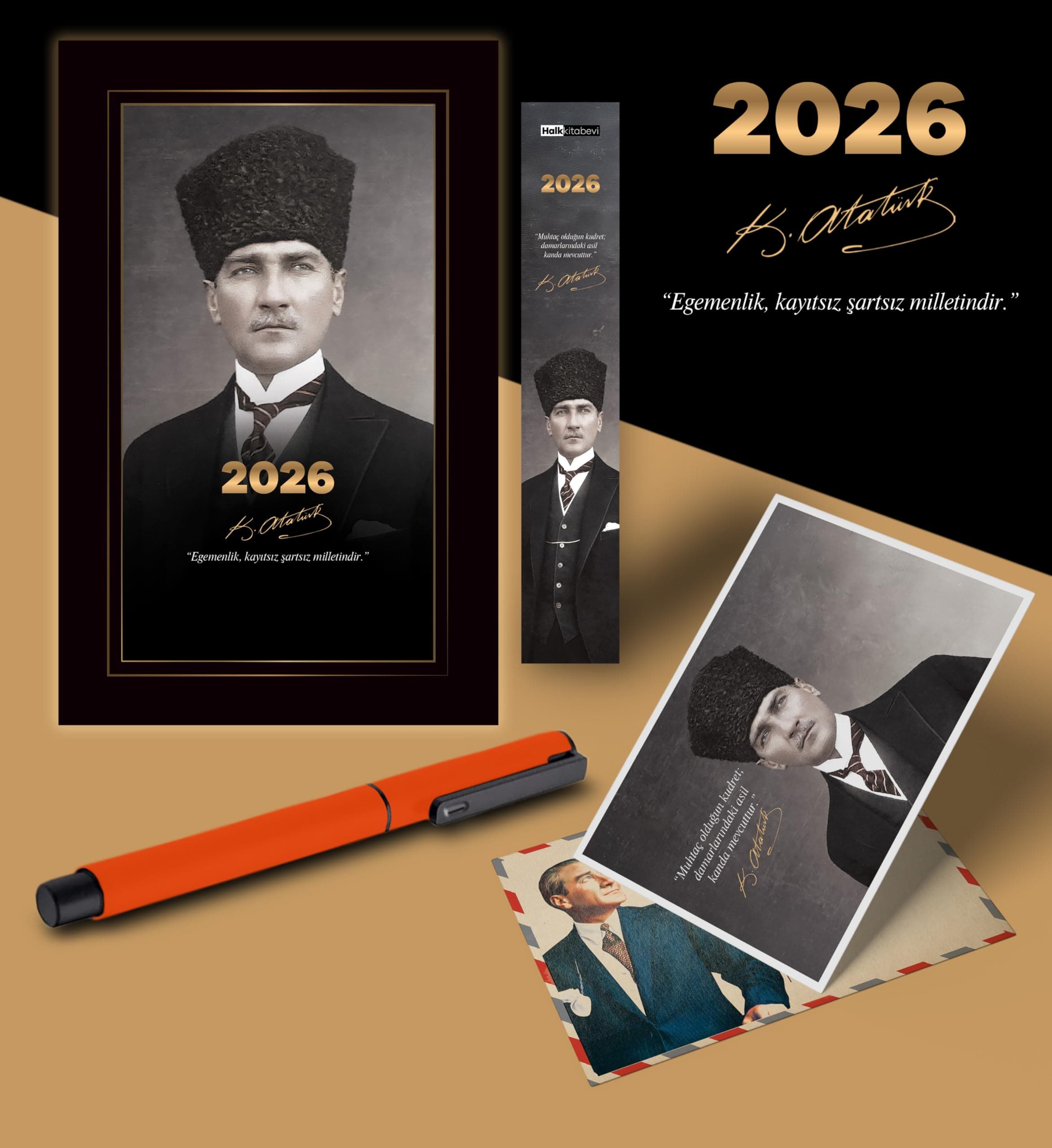 2026 Kalpaklı Atatürk Ajandası Ayraç Kartpostal Kalem - Turuncu