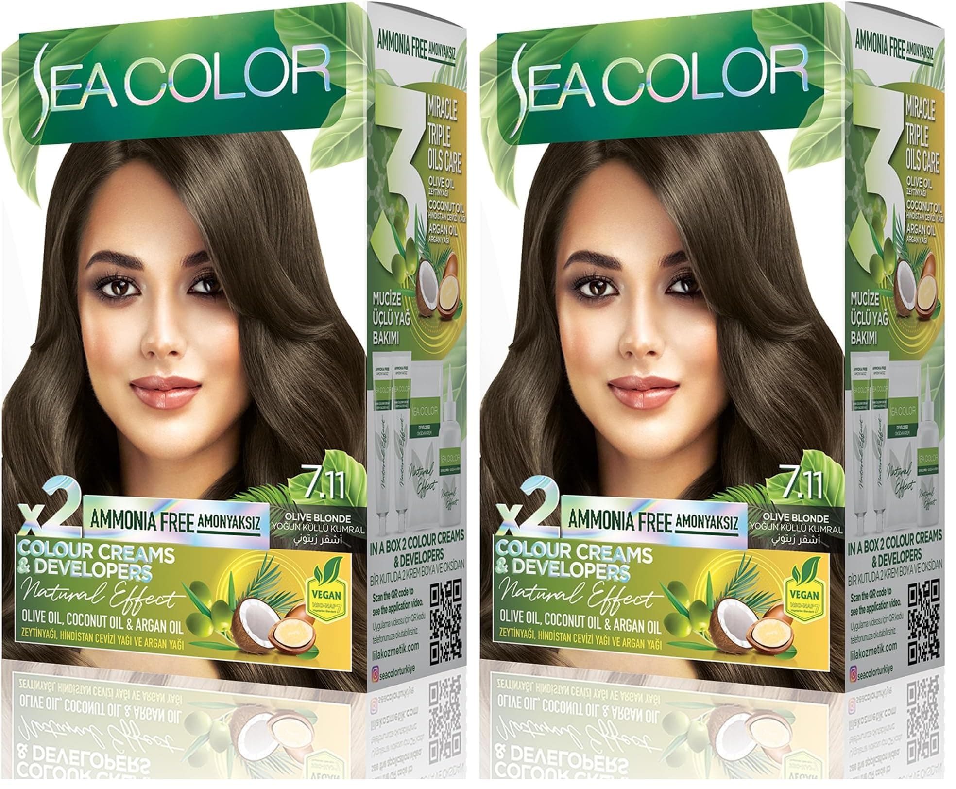 SEA COLOR Amonyaksız, Vegan, Doğal, Besleyici Kalıcı Saç Boyası%100 Beyaz Kapama (1 PAKET 2 x 50 ml Boya & OKSİDAN) (Yoğun Küllü Kumral 7.11) (2 paketi)