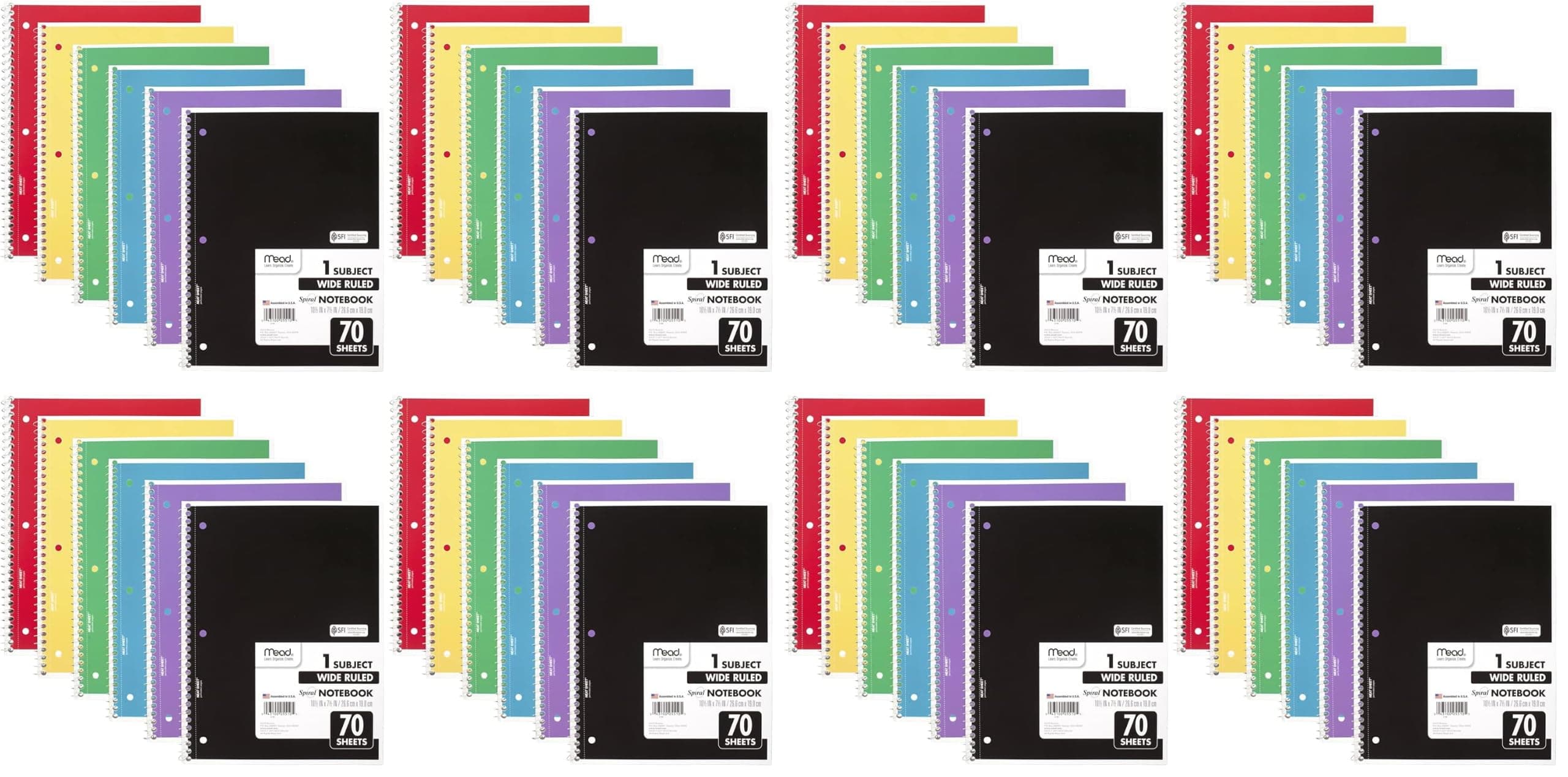 Mead Spiral Defter, 24 Paket, 1-Konu, Geniş Çizgili Kağıt, 7-1/2" x 10-1/2", Dizüstü Bilgisayar Başına 70 Sayfa, Renk Değişebilir (05510) (2 paketi)