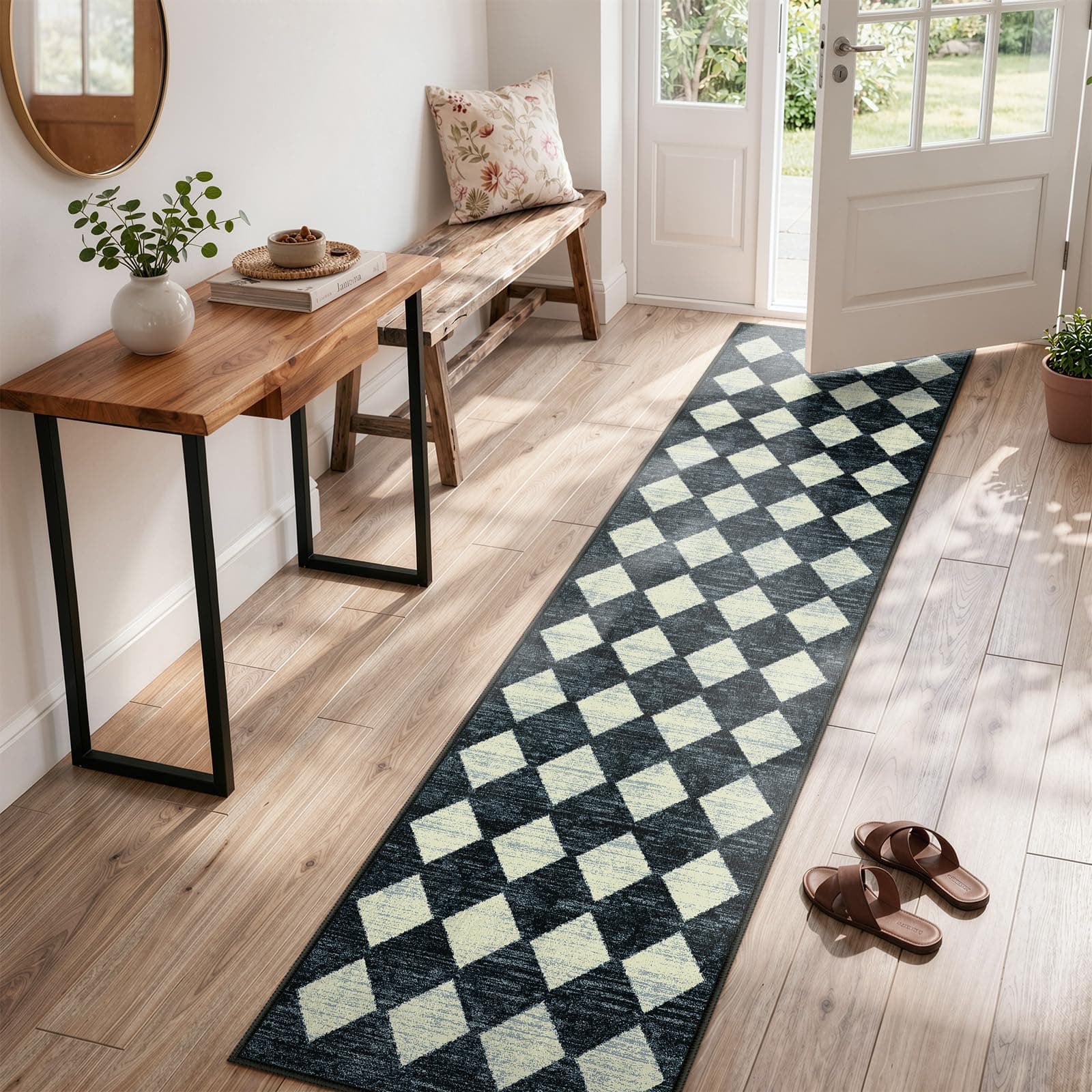 Lahome Fas Geometrik Yolluk Halı - 2 x 8 Siyah Yıkanabilir Koridor Yolluk Halı Kauçuk Destekli Kareli Kaymaz Mutfak Halısı Yolluk İç Mekan Paspası Karavan Giriş Banyo Sert Ahşap Zemin