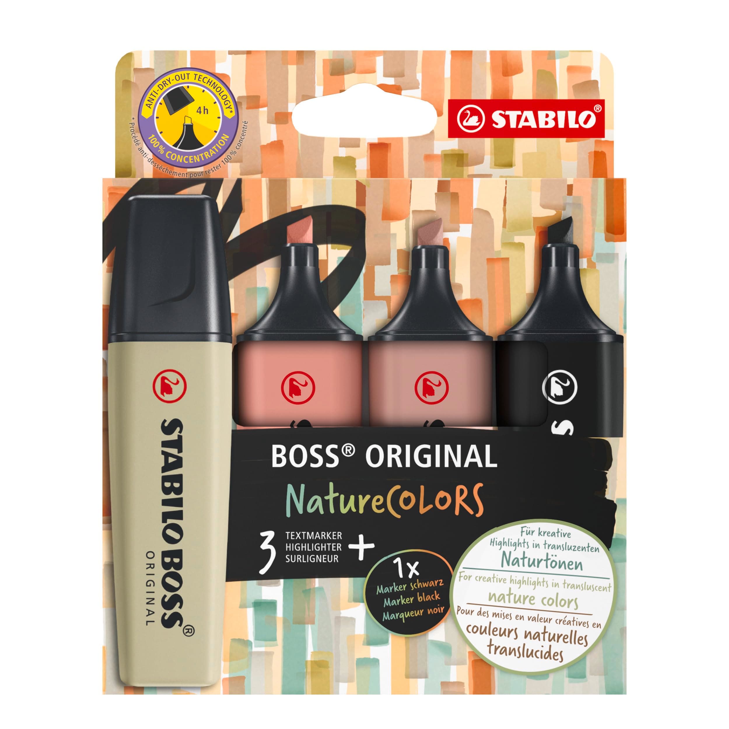 STABILO BOSS ORIGINAL NatureCOLORS - Fosforlu Kalem - 4'lü Paket - Çeşitli Renkler