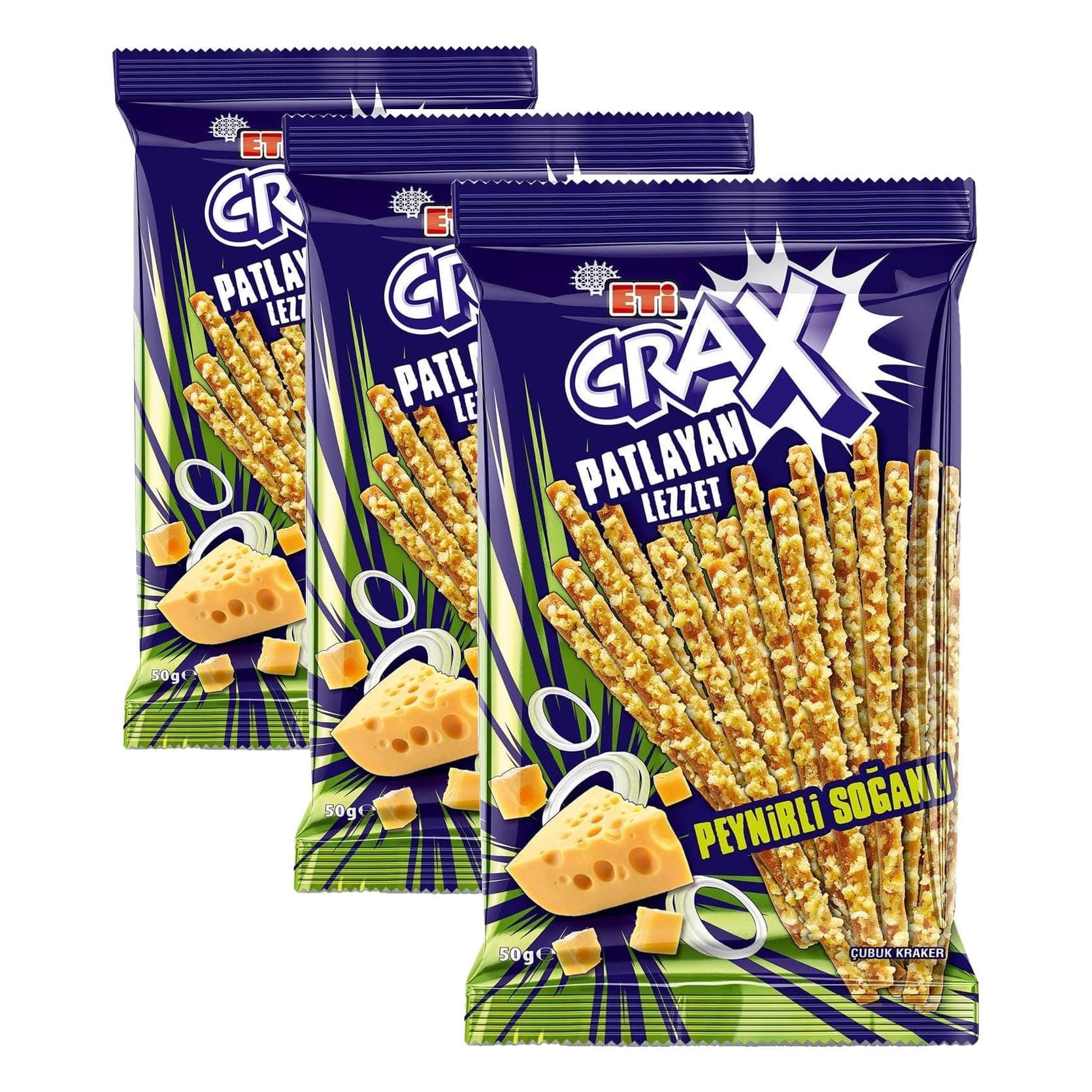 Eti Crax Patlayan Lezzet Peynirli Soğanlı Çubuk Kraker 50 g x 20 Adet (3 paketi)