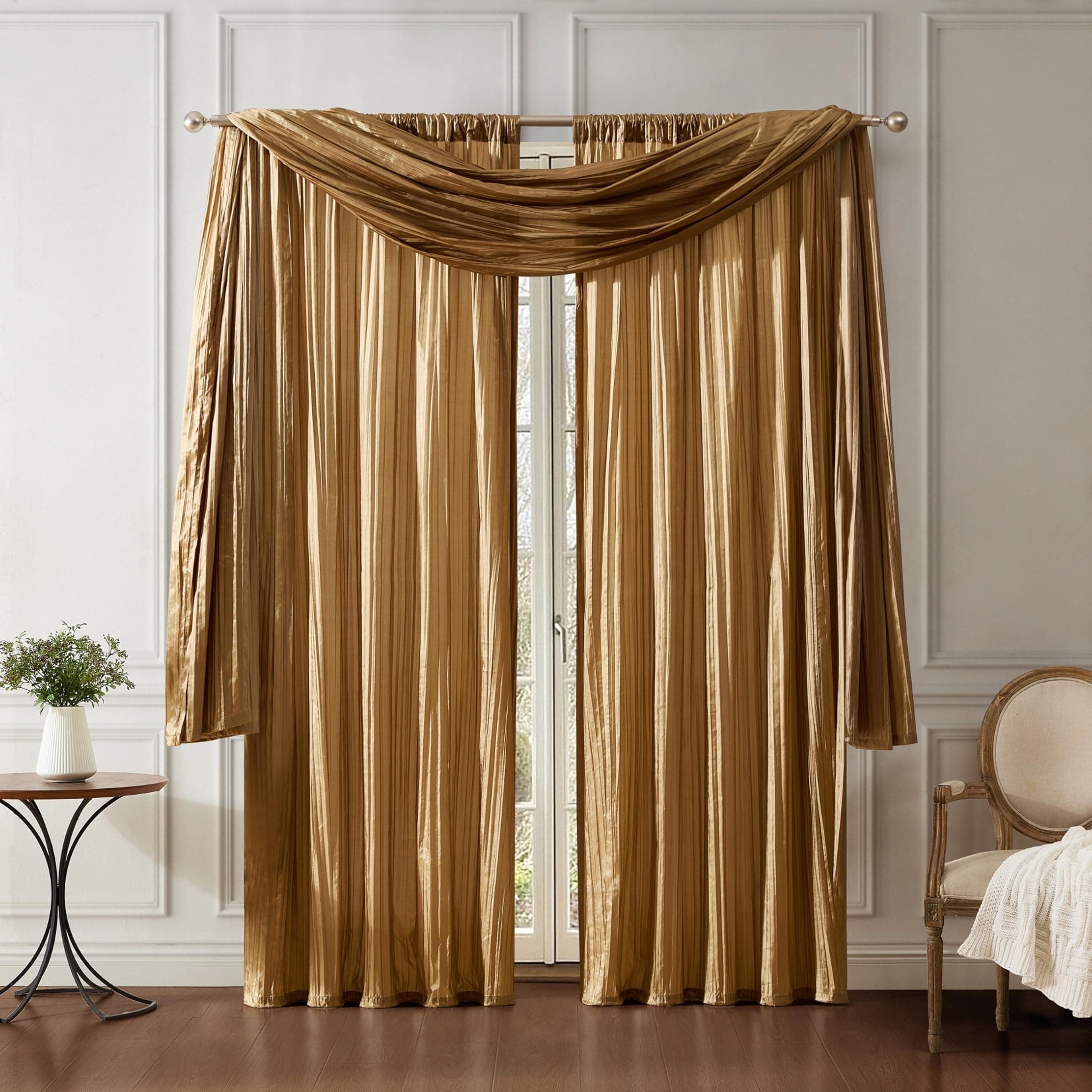 Elrene Home Fashions Venedik Suni İpek Çift Çubuk Cep Perde Panelleri Eşarp Saçaklı - 3'lü Set - Panel 132 cm x 213 cm, Altın (2 Panel - 1 Eşarp)