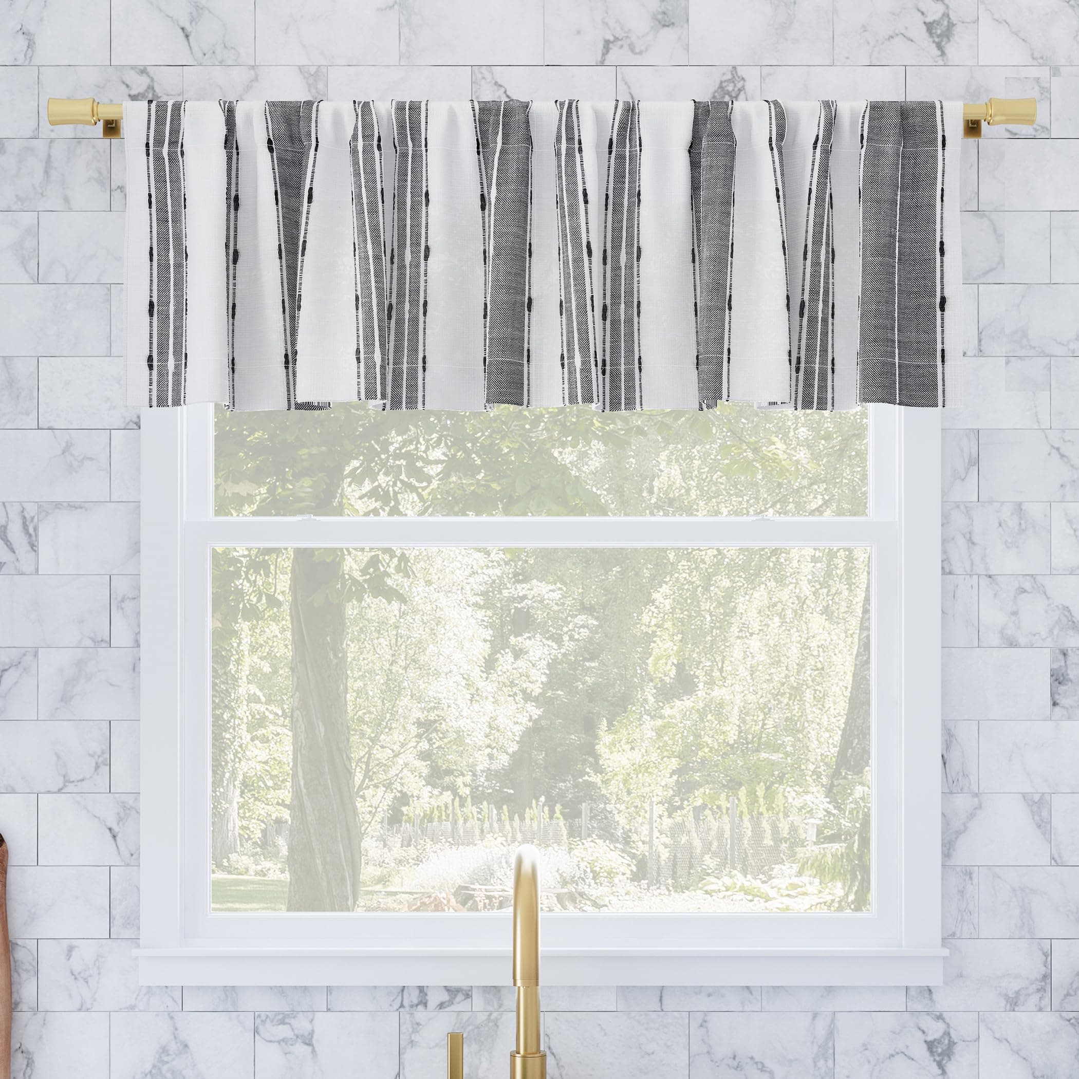 Archaeo Şantuk Doku Çizgili Pamuk Kafe Perdesi Valance, 132 cm x 35 cm, Siyah/Beyaz