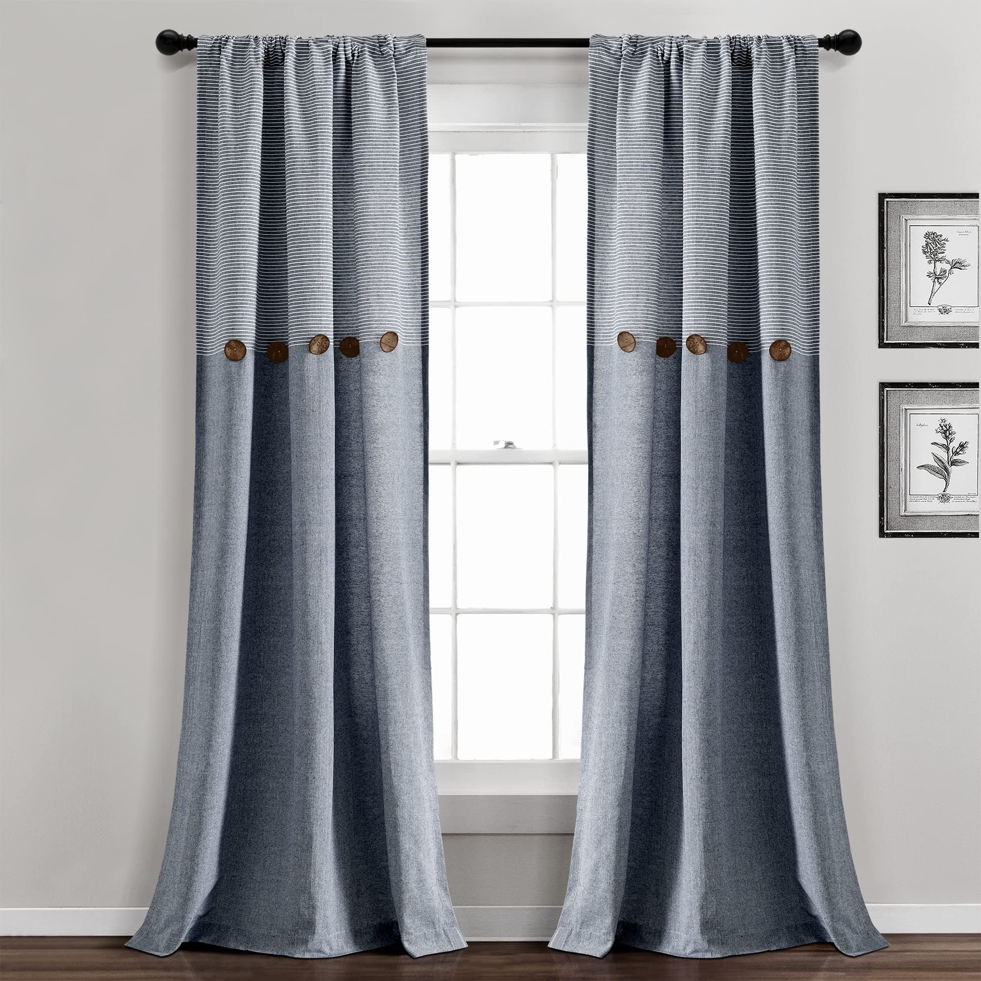 Lush Decor Çiftlik Evi Düğme Çizgili İplik Boyalı Dokuma Pamuk Pencere Perdesi Panel Çifti, 213 cm U x 101 cm G, Lacivert