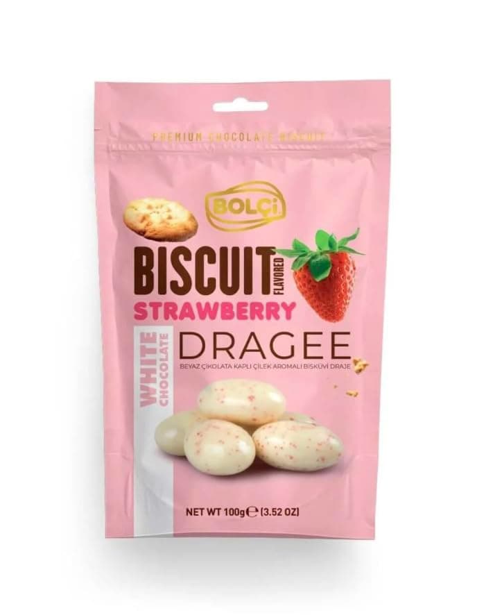 Bolçi Beyaz Çikolata Kaplı Çilek Aromalı Bisküvi 100g