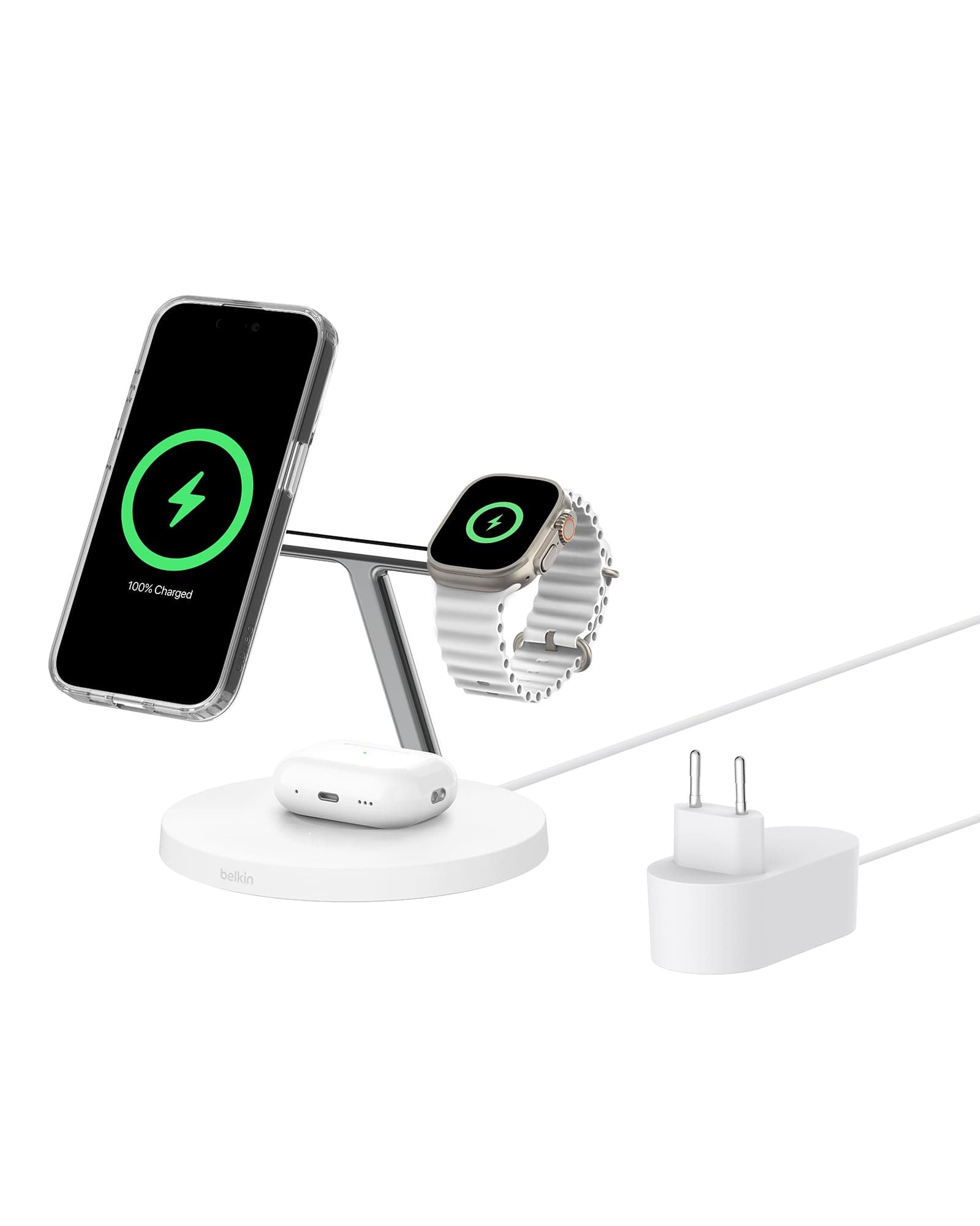 Belkin BoostCharge 3'ü 1 Arada Qi2 şarj cihazı, MagSafe uyumlu kablosuz şarj istasyonu, Apple iPhone 17 Serisi, Apple Watch, Kaymaz Tabanlı AirPods için Qi2 Kablosuz Şarj Aleti, PSU Dahil - Beyaz