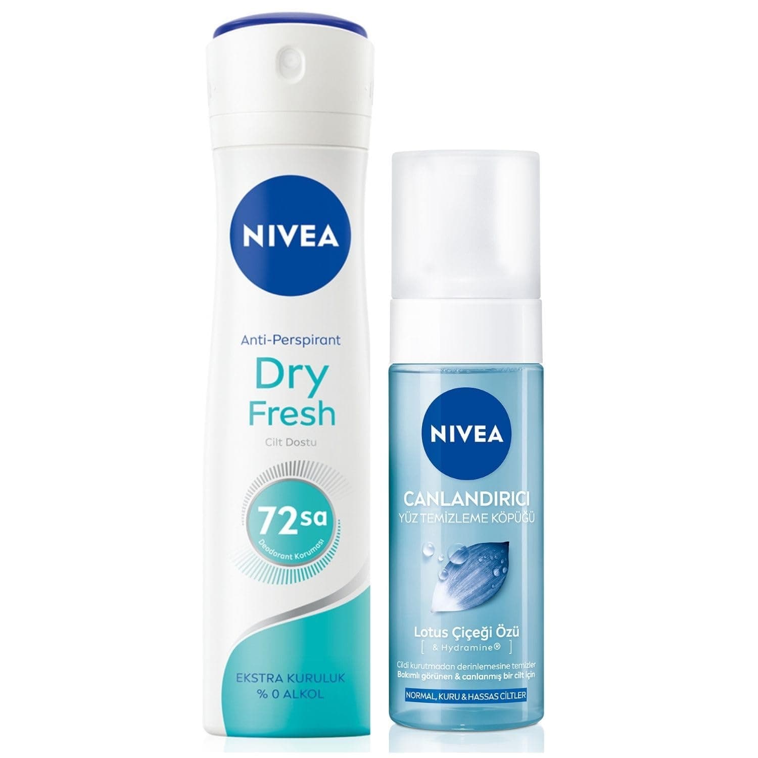 Nivea Dry Fresh Kadın Sprey Deodorant, 150 ml + NIVEA Yüz Yıkama Köpüğü Canlandırıcı, Normal Ciltler 150 ml, Derinlemesine Yüz Temizleme, Saf Su, Lotus Çiçeği