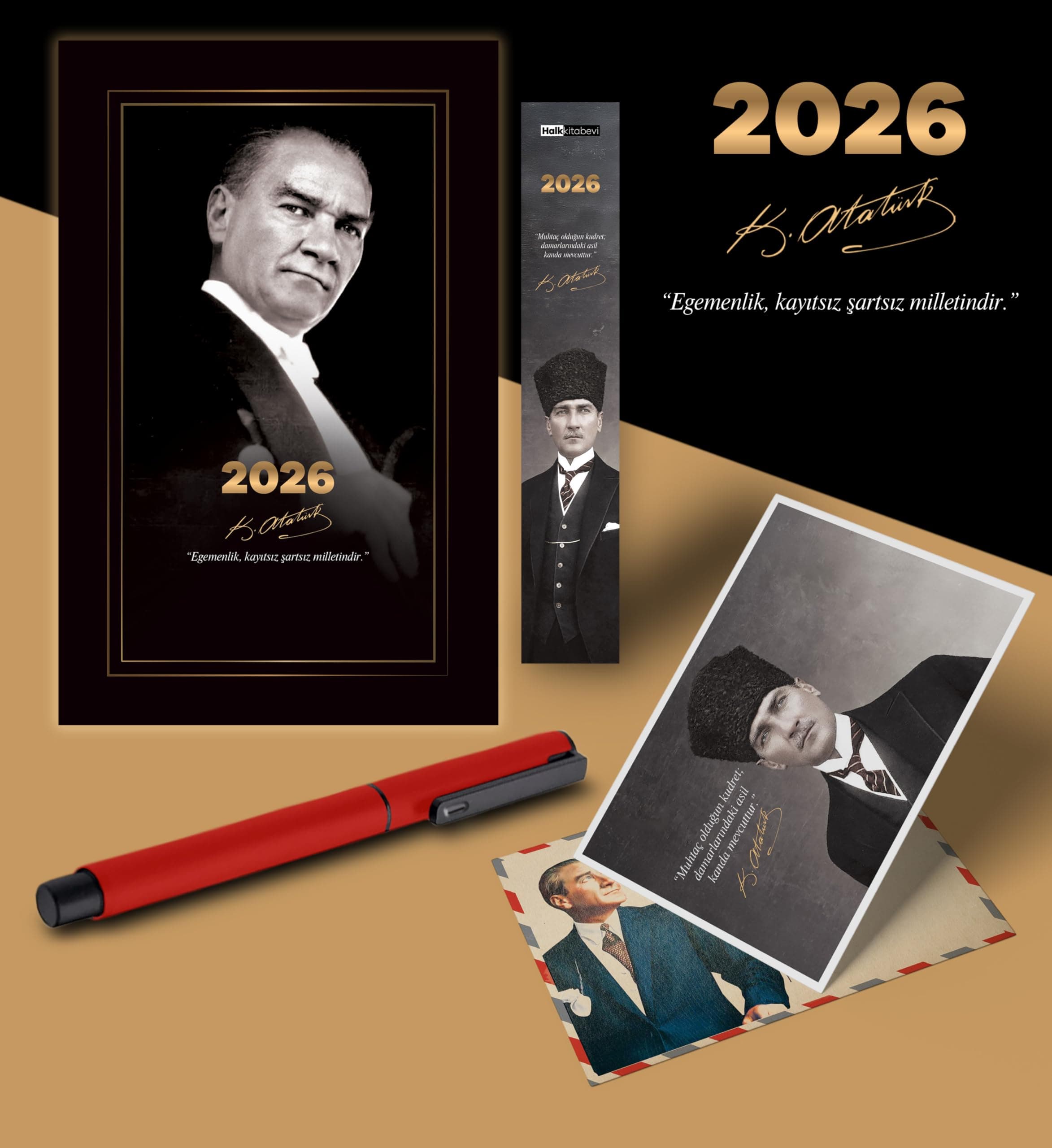 2026 Gazi Paşa Atatürk Ajandası Ayraç Kartpostal Kalem - Kırmızı