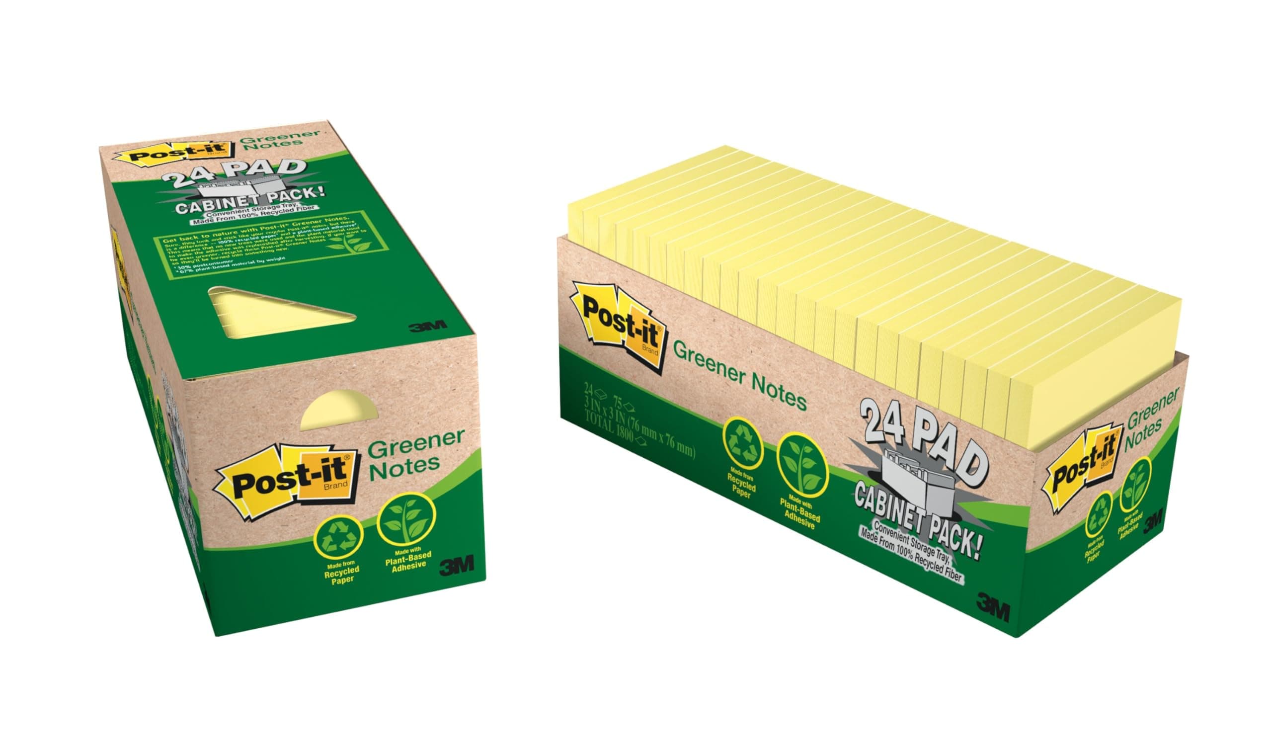 3 M Post-it Greener Notes, 3 x 3, Canary Yellow, 24 PADS/Cabinet paket Sarı 100 yaprak Pouch kendinden yapışkanlı