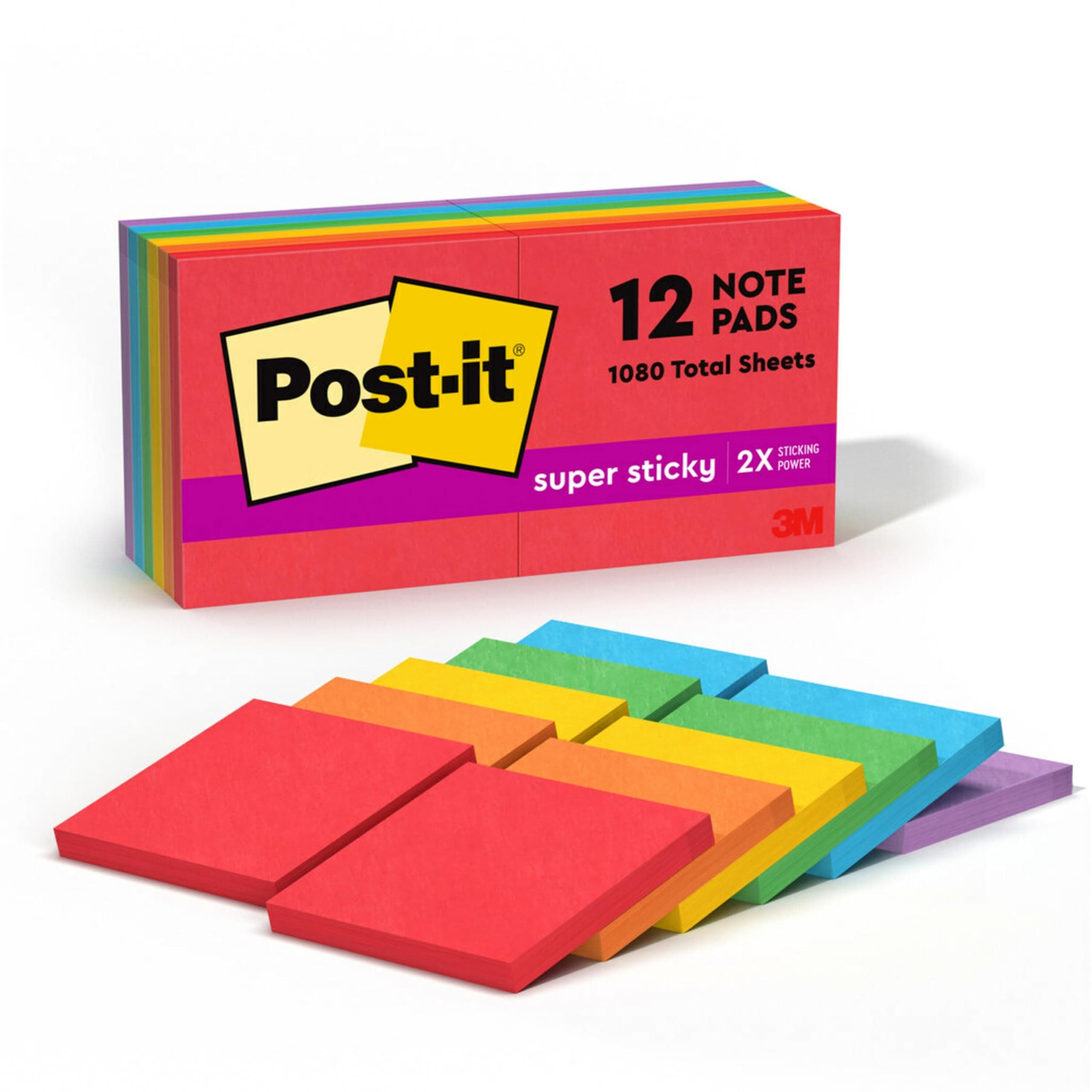 Super Sticky Notes, 3 x 3, Five Electric Glow Colors, 12 90-sheet ped/Paket
