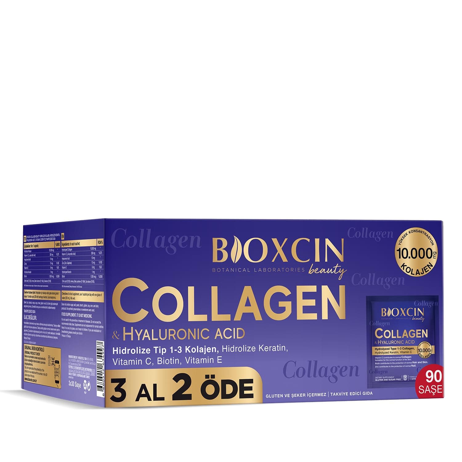 Bioxcin Beauty Collagen Toz Saşe 10.000 mg – Tip 1 & Tip 3 Hidrolize Kolajen, Keratin, Biotin, C ve E Vitamini, Hyaluronik Asit – Ananas Aromalı – 3 Al 2 Öde