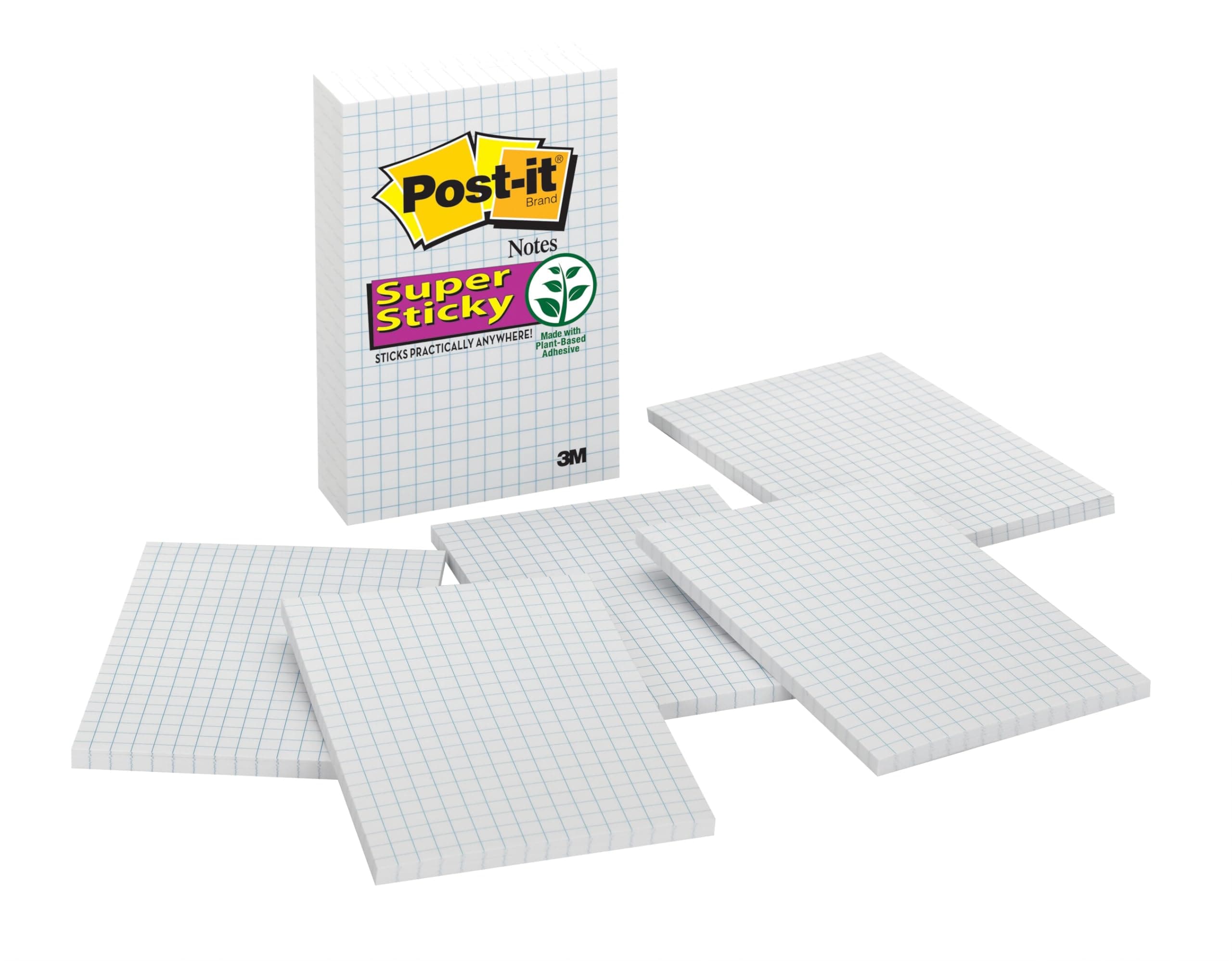 Post-it Süper Yapışkan Notlar, 4x6", 3 Ped, 2x Yapıştırma Gücü, Mavi Izgara Çizgileri ile Beyaz, Geri Dönüştürülebilir (660-SSGRID)