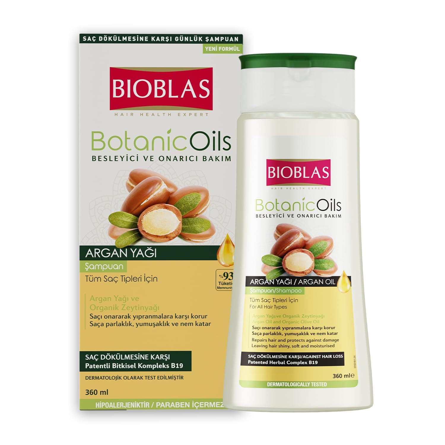 Bioblas Saç Dökülmesine Karşı Bitkisel Şampuan – Argan & Zeytinyağı İçerikli, Biocomplex B19, Parlaklık ve Onarım Sağlayan Şampuan, 360 ml