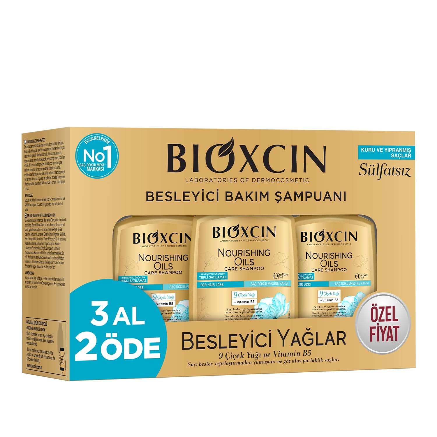 Bioxcin Besleyici Yağlar Şampuan 3 x 300 ml – Kuru ve Yıpranmış Saçlar İçin, 9 Çiçek Yağı, Pantenol ve BioComplex B11 İçerikli, Sülfatsız