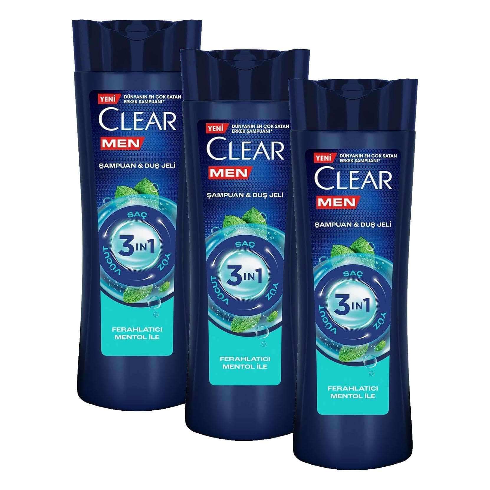 Clear Men 3 in 1 Şampuan & Duş Jeli Ferahlatıcı Mentol Etkisi Saç Yüz Vücut İçin 350 ml (3 paketi)