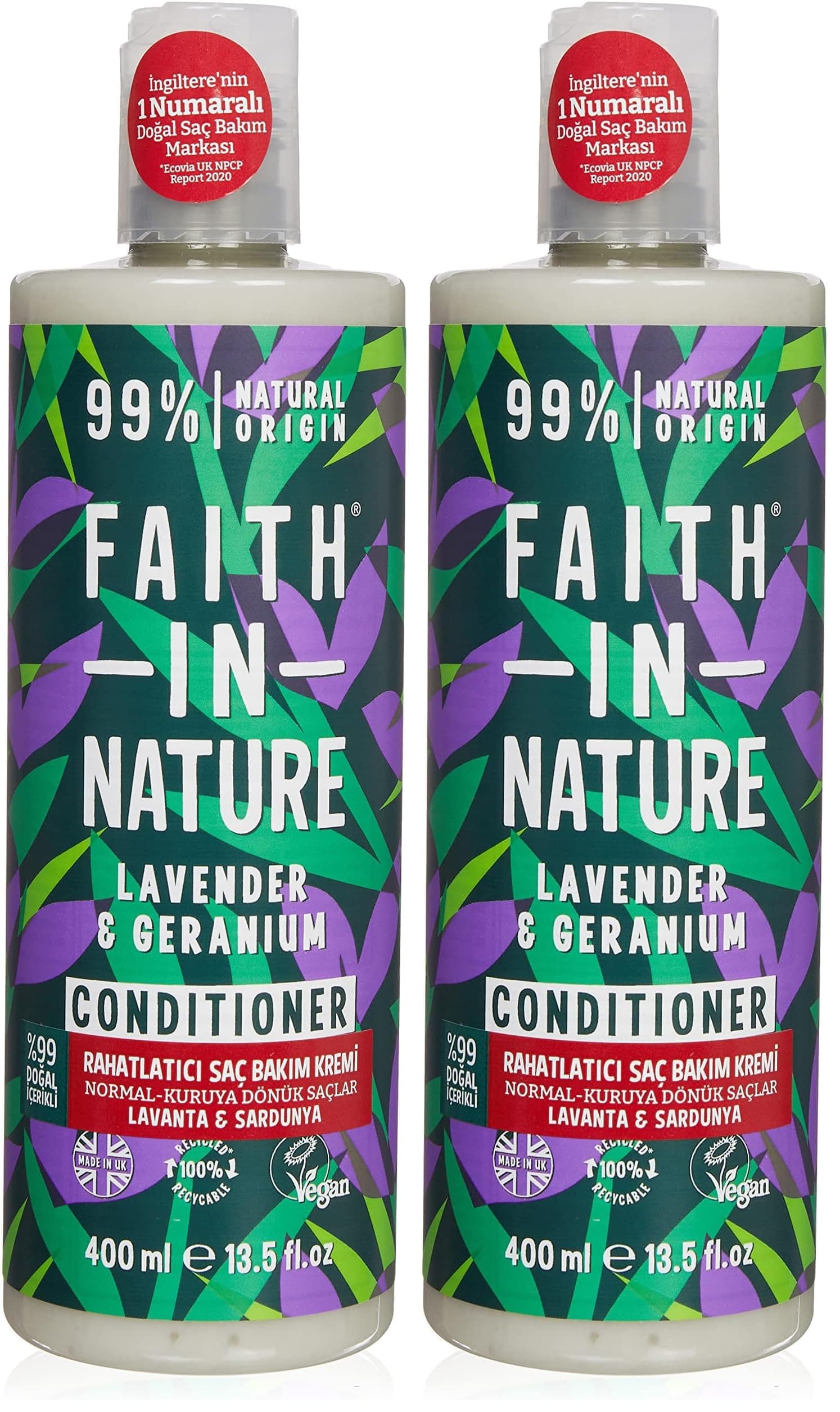 FAITH IN NATURE%99 Doğal Rahatlatıcı Saç Bakım Kremi Normal & Kuruya Dönük Saçlar İçin (Lavanta & Sardunya, 400 ml) (2 paketi)
