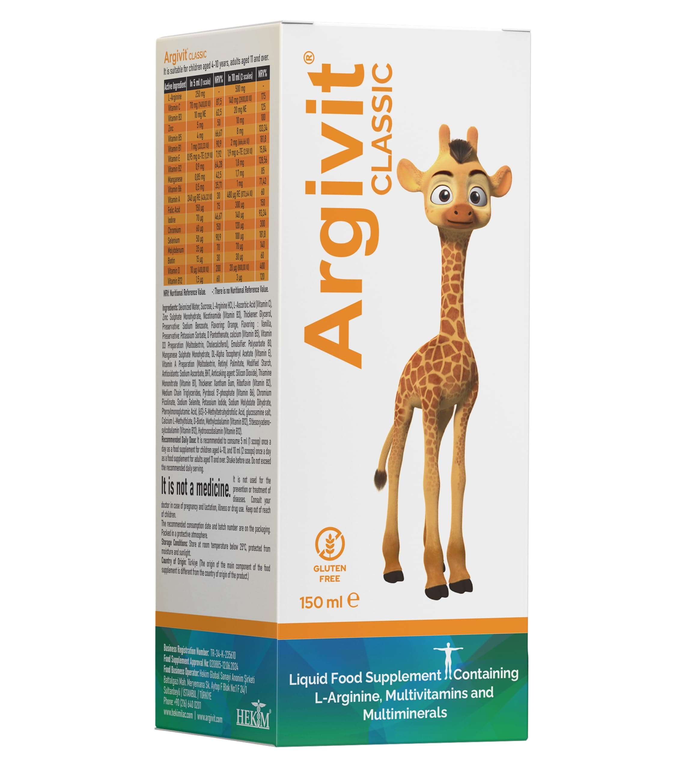 Argivit Classic LArjinin, Multivitamin ve Multimineral İçeren Sıvı Portakal ve Vanilya Aromalı 150 ml