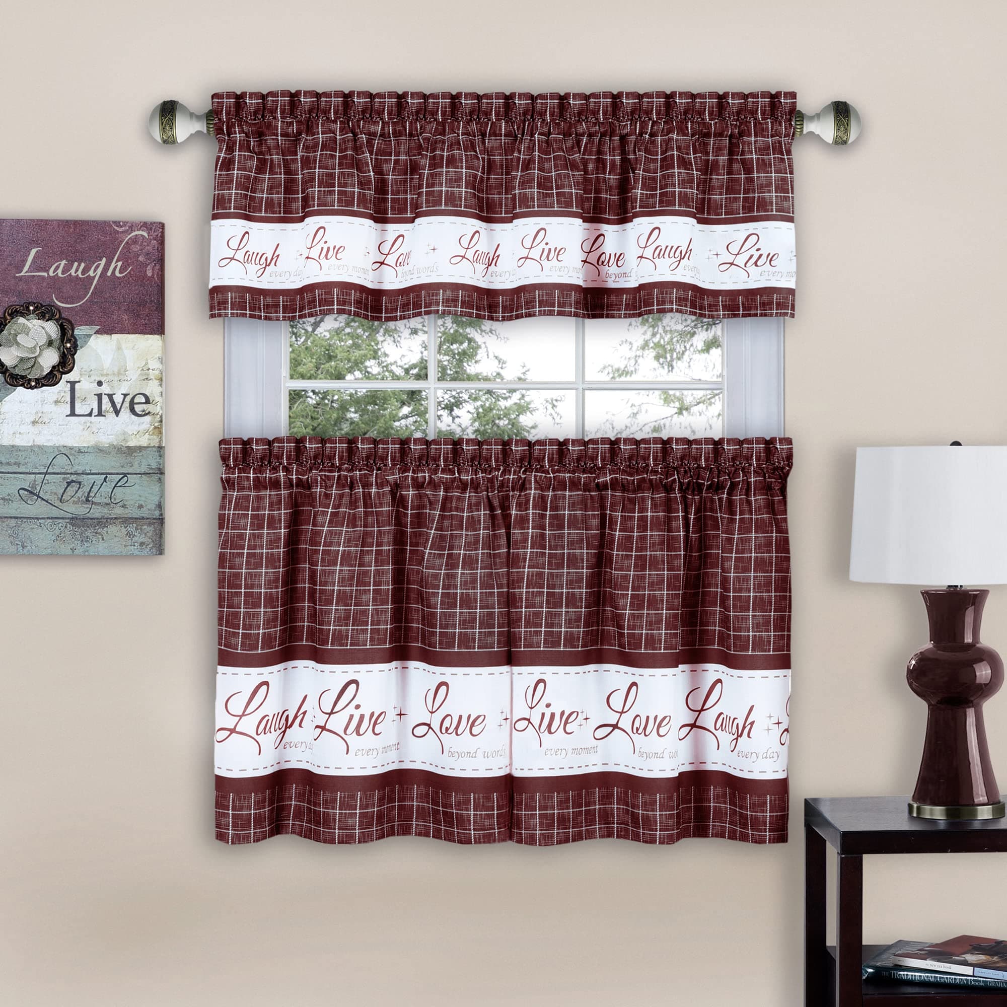 Achim Home Furnishings Live, Love, Laugh - Baskılı Kat & Kısa Perde Seti - 58x36 - Bordo