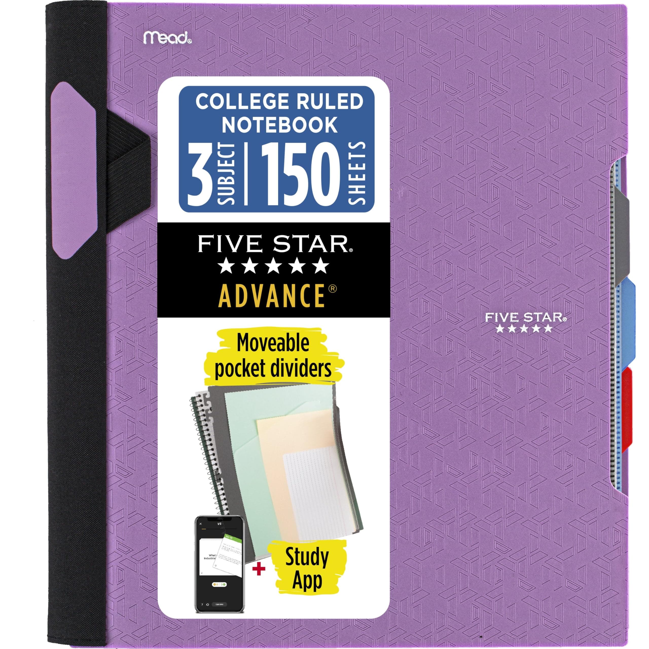 Five Star Advance Spiral Defter + Çalışma Uygulaması, 3 Konu, Kolej Çizgili Kağıt, 8-1/2 "x 11", 150 Yaprak, Spiral Koruma, Hareketli Sekmeli Bölücüler ve Cepler, Ametist Mor (820060G)