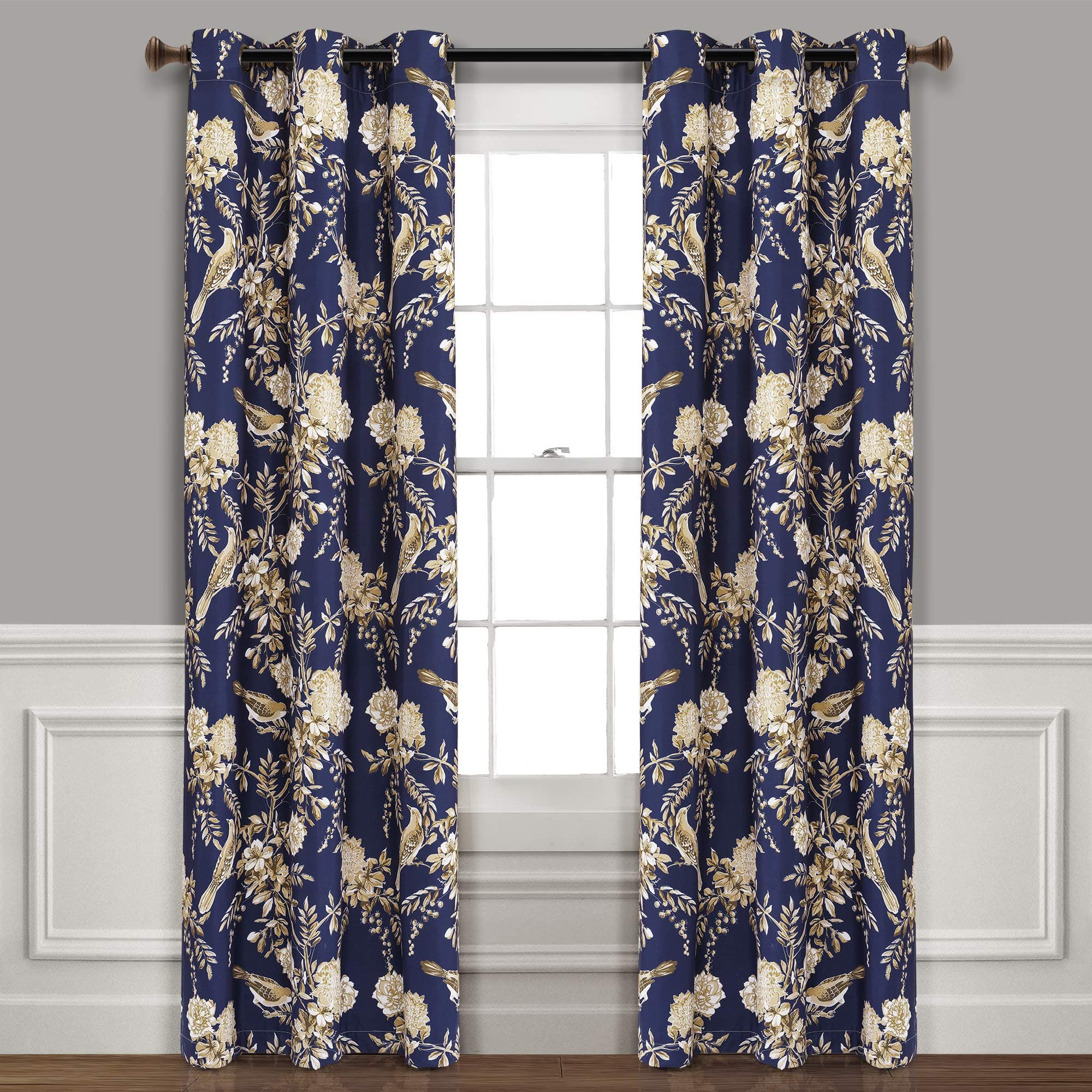 Lush Decor, Lacivert ve Boz Kahverengi Çiftlik Evi Kuş ve Çiçek Yalıtımlı Gromet Karartma Pencere Perdesi Panel Çifti, 95" x 38", 96" x 38"